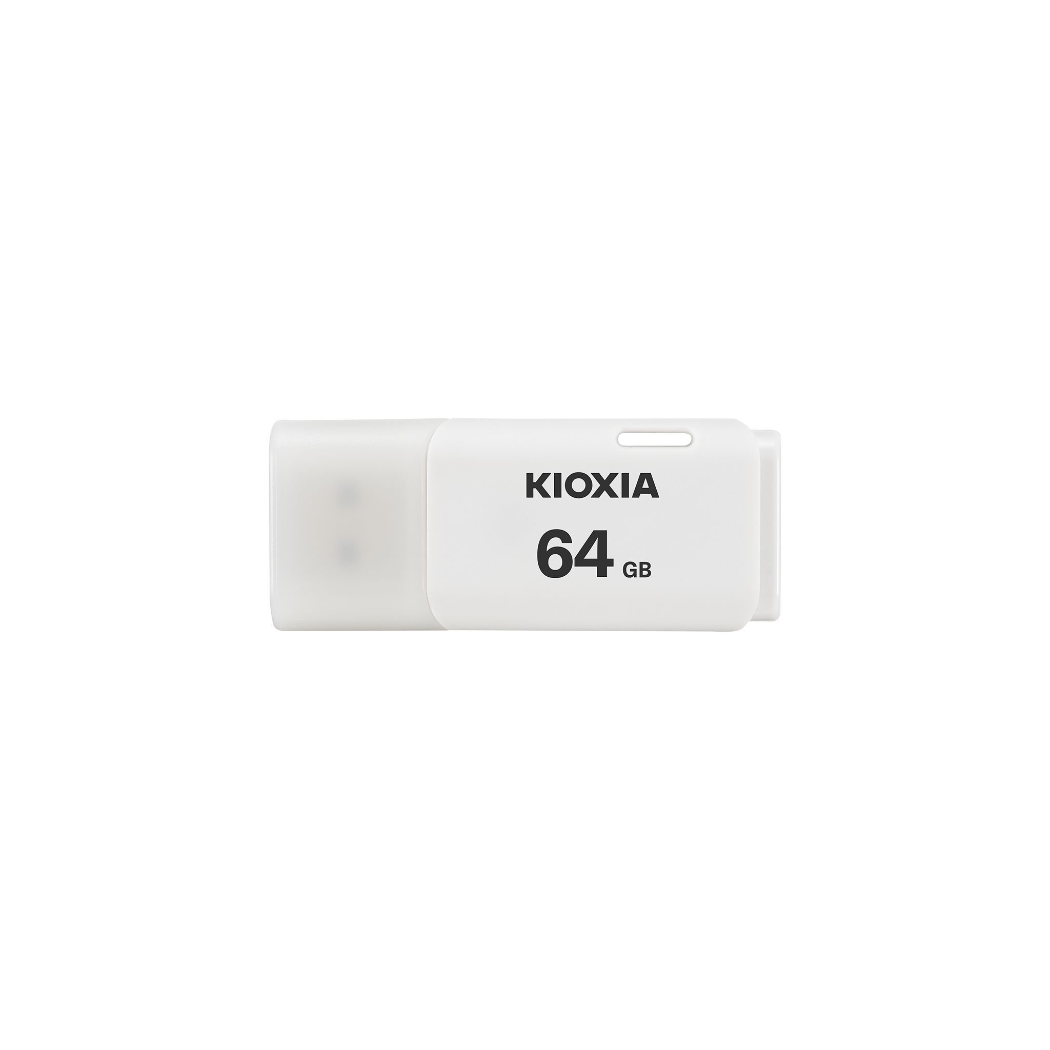 Biały pendrive KIOXIA 64GB. To małe prostokątne urządzenie z napisaną marką i pojemnością.