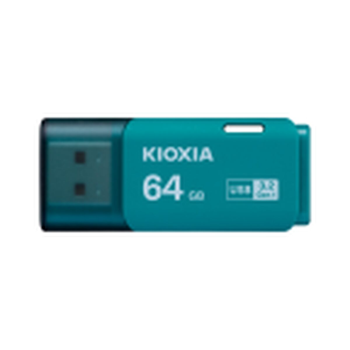 Unidad flash USB KIOXIA turquesa con capacidad de 64 GB. La unidad tiene una tapa extraíble.