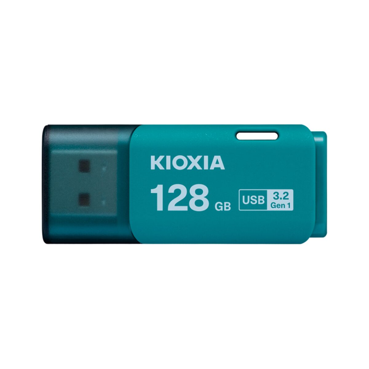 Turkusowy pendrive z logo KIOXIA, 128 GB i oznaczeniami USB 3.2 Gen 1.