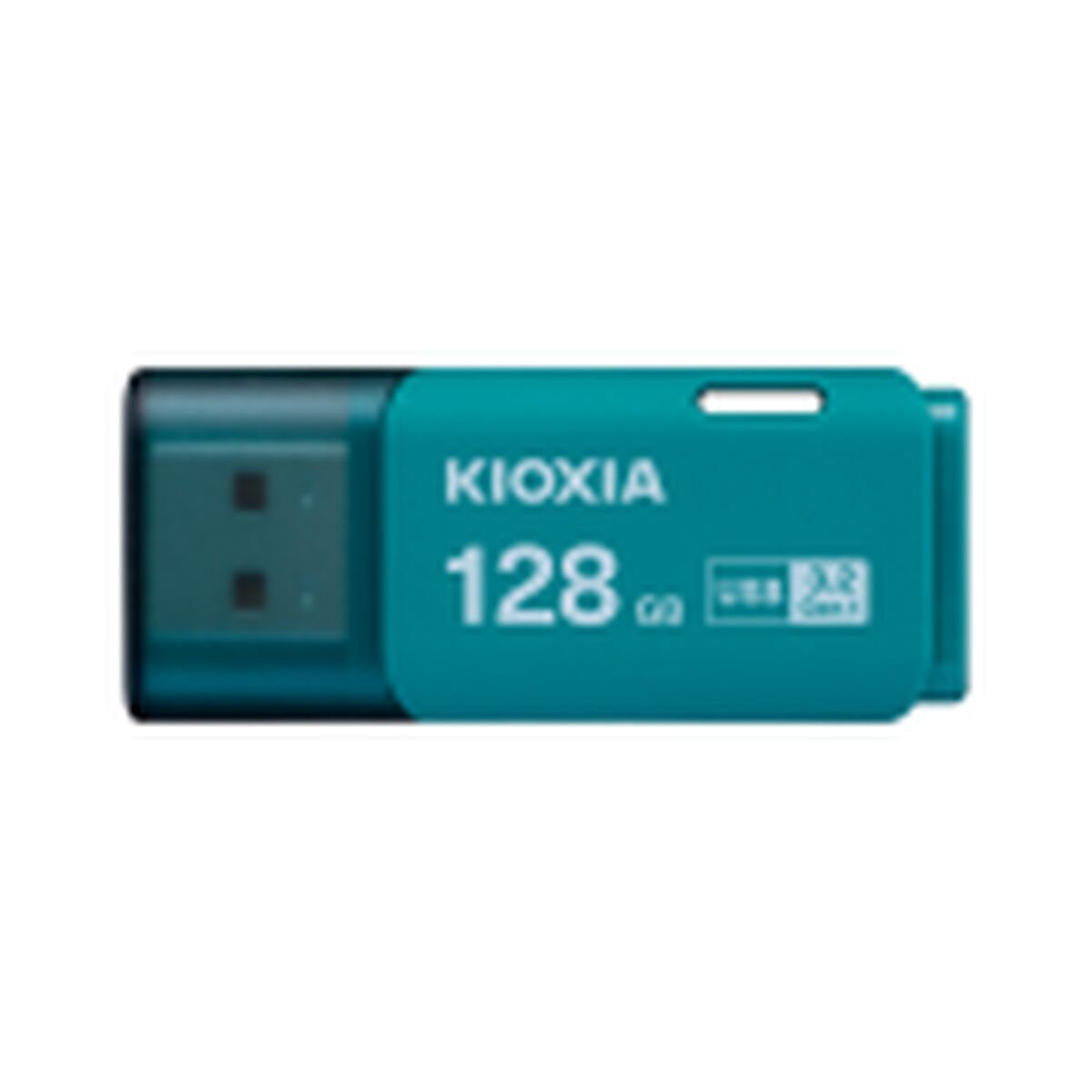 Turkusowy pendrive z etykietą 'KIOXIA 128 GB'.