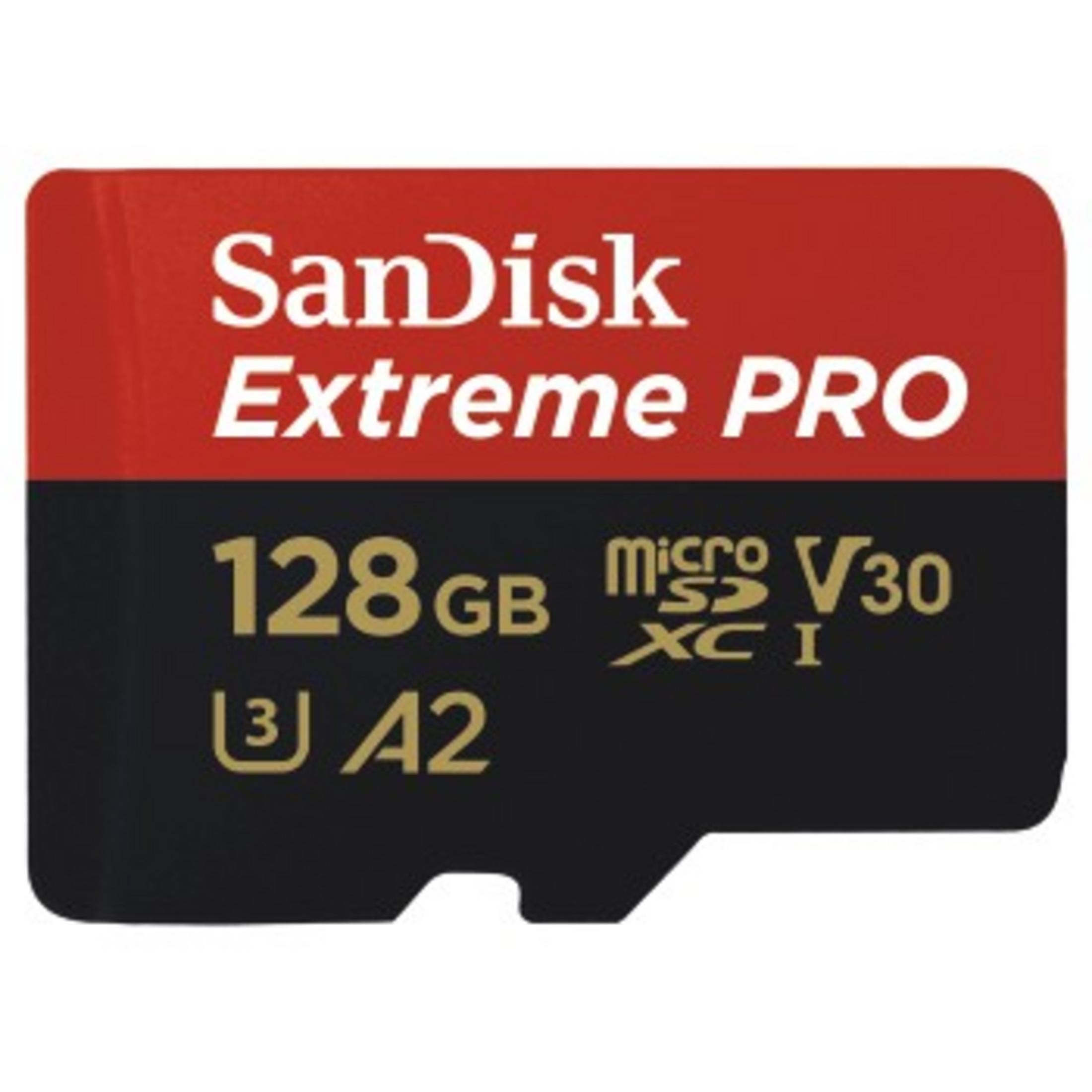 Rote und schwarze SanDisk Extreme PRO 128GB microSD-Karte.