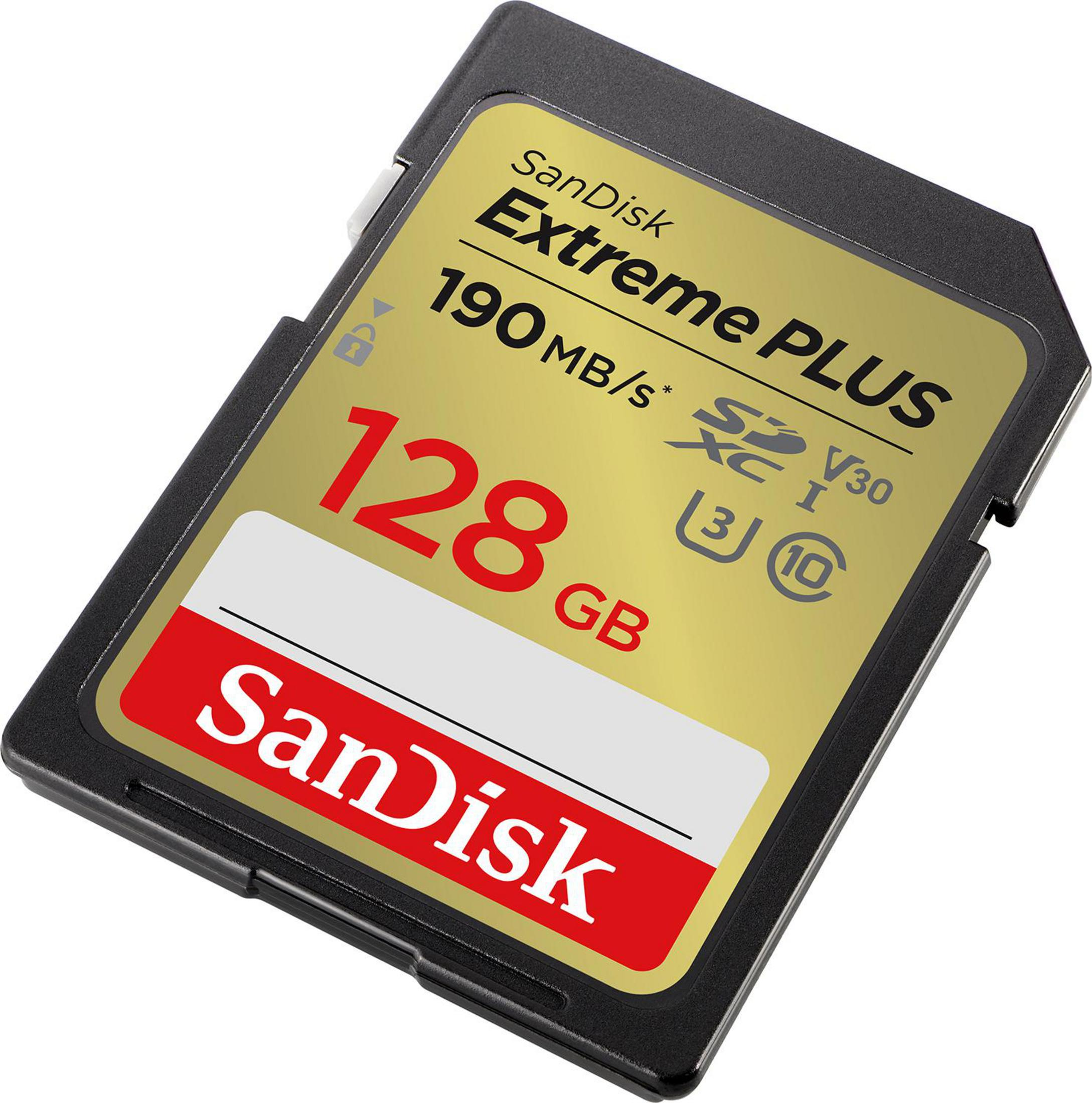 Carte SD Sandisk Extreme Plus 128 Go, avec détails de vitesse et de capacité.
