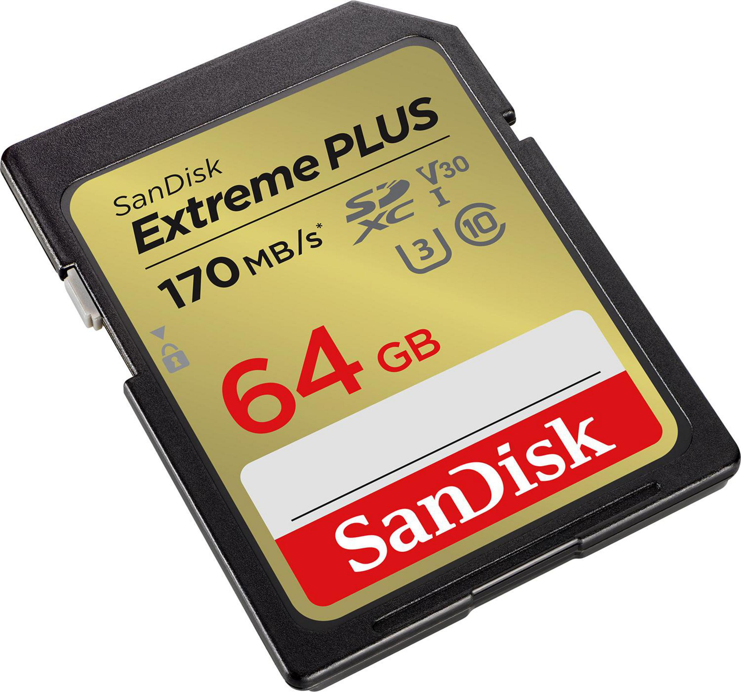 Una scheda SD SanDisk Extreme PLUS da 64 GB oro e nera. Ha testo bianco e colorazione oro e nera.