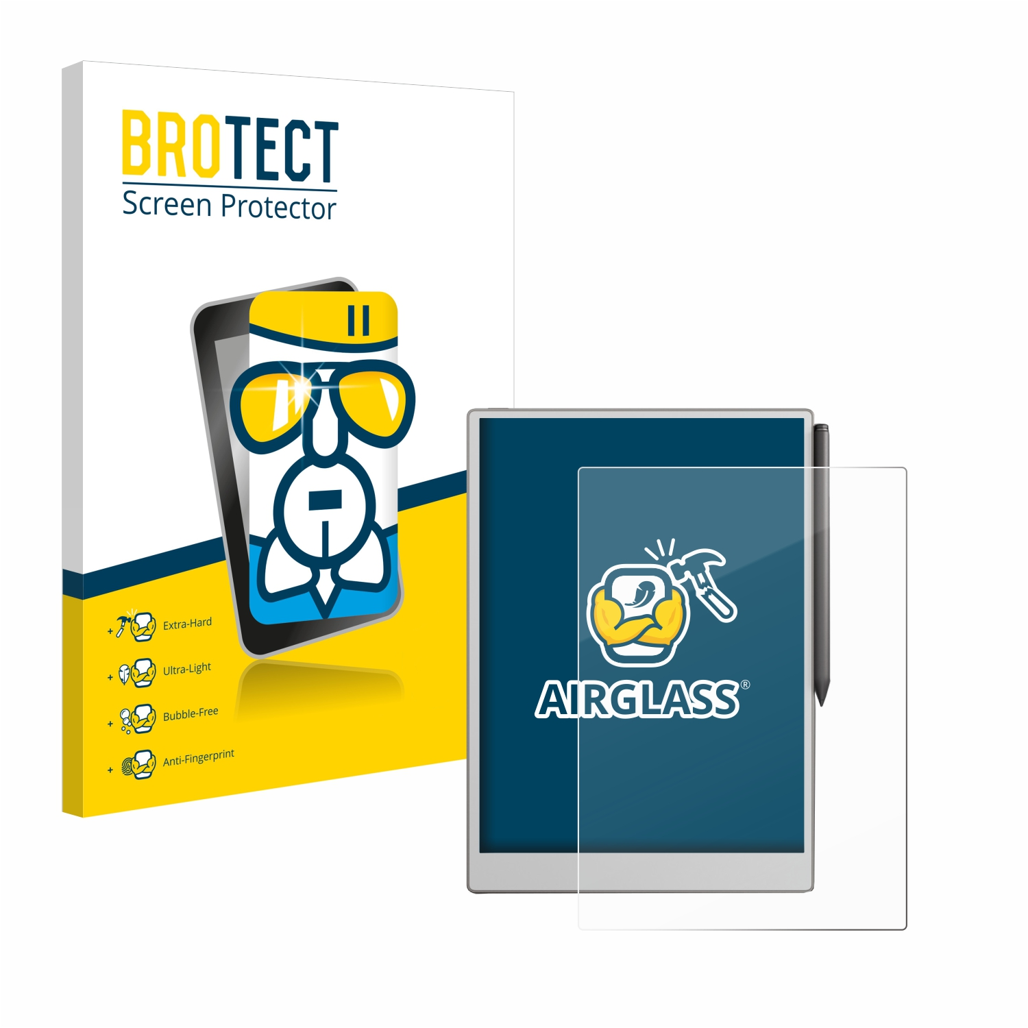 Tabletschutzfolie und eine Schachtel mit 'BROTECT Screen Protector'.