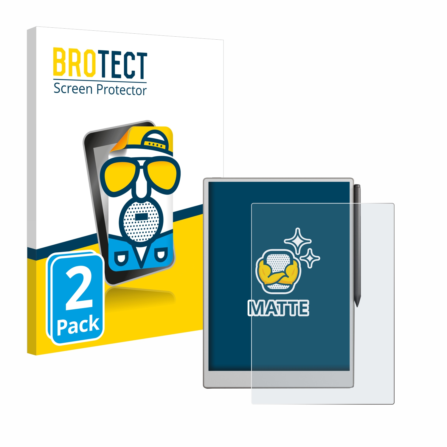 Displayschutzfolie mit Verpackung und Tablet. Verpackung zeigt eine Zeichentrickfigur. Displayschutz ist matt.
