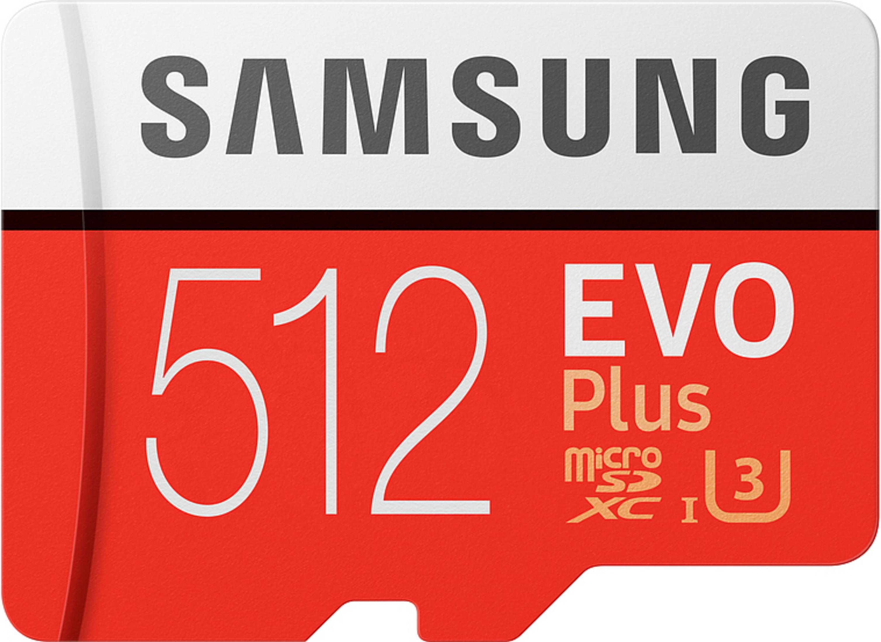 Une carte microSD Samsung EVO Plus 512 Go rouge et blanche, avec détails.