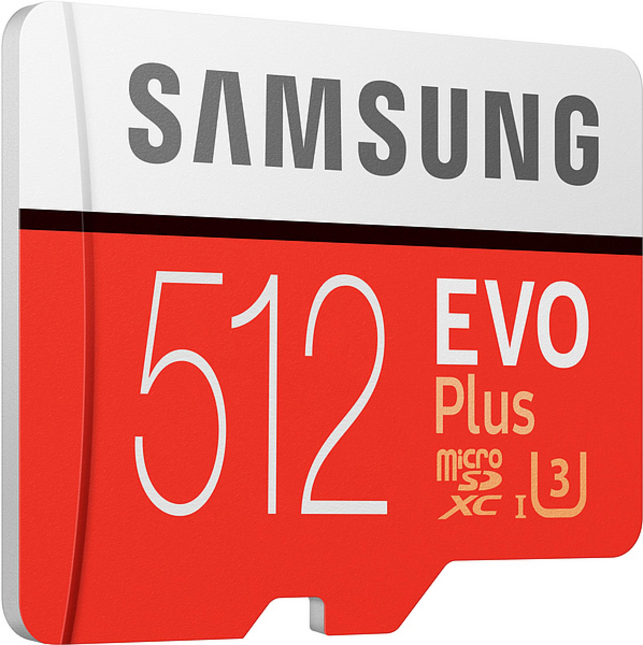 Carte MicroSD Samsung rouge et blanche. Le texte 512 EVO Plus est visible.