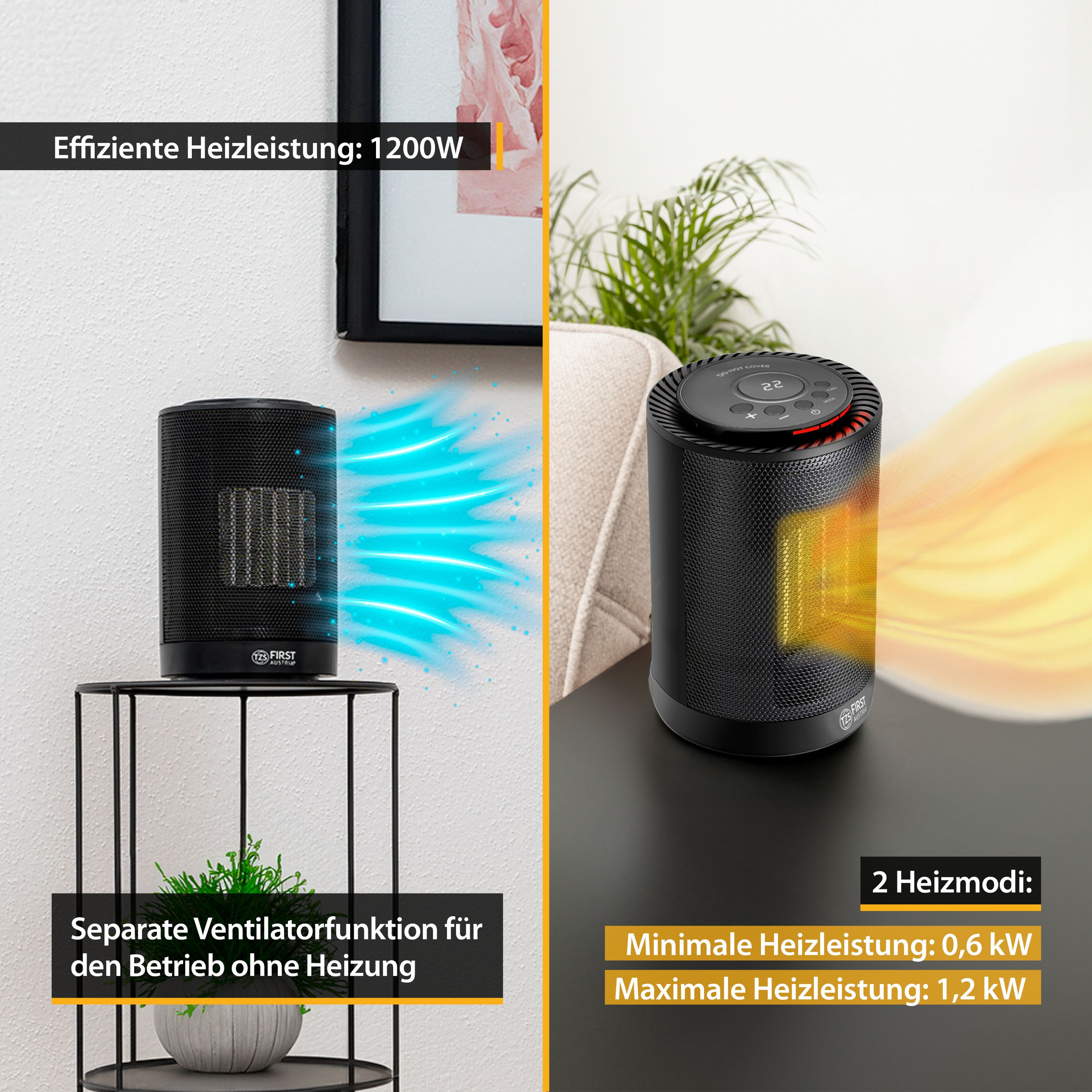 Zwei schwarze zylindrische Heizungen auf einem Tisch. Einer zeigt Text über Heizmodi.
