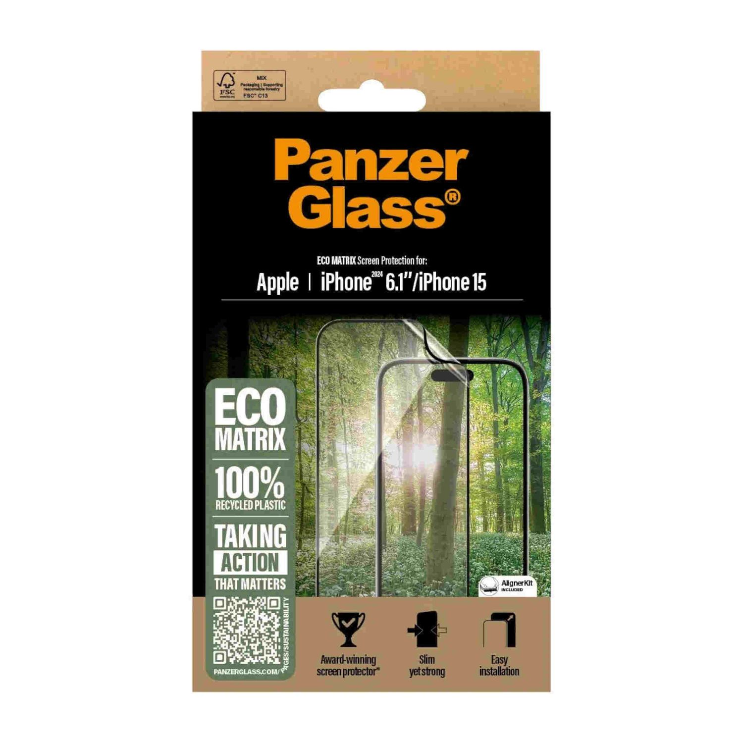 Una scatola di protezione schermo PanzerGlass per iPhone. La scatola mostra una foresta.
