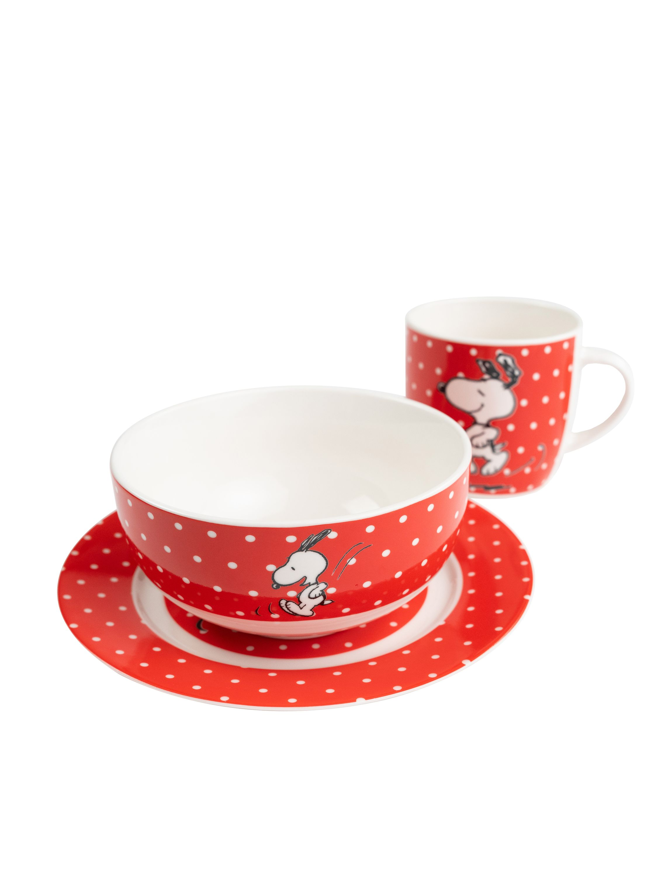Ein Snoopy-Geschirrset mit Schüssel, Teller und Becher. Die Farben sind rot und weiß.