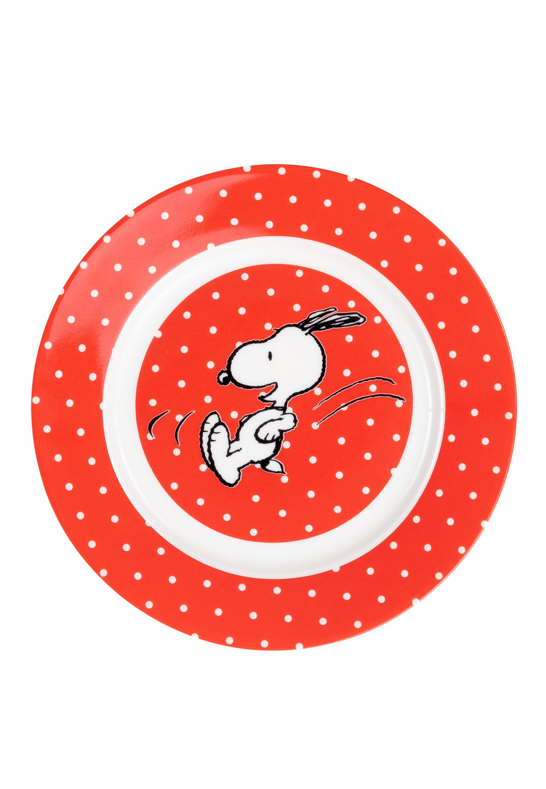 Roter Teller mit weißen Punkten und Snoopy in der Mitte, rennend.