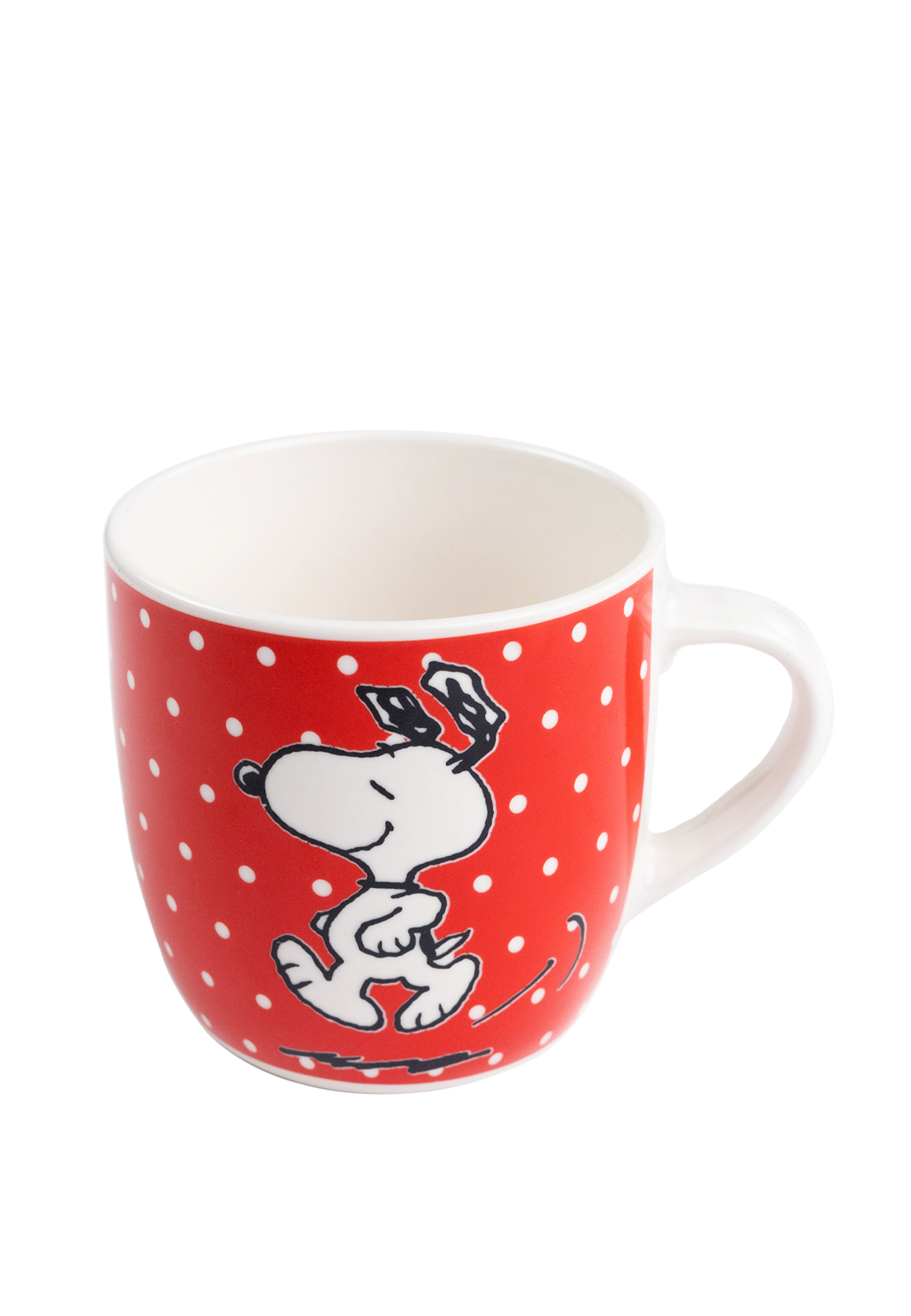 Ein rot-weißer Snoopy-Becher mit Tupfen, Snoopy rennt darauf.