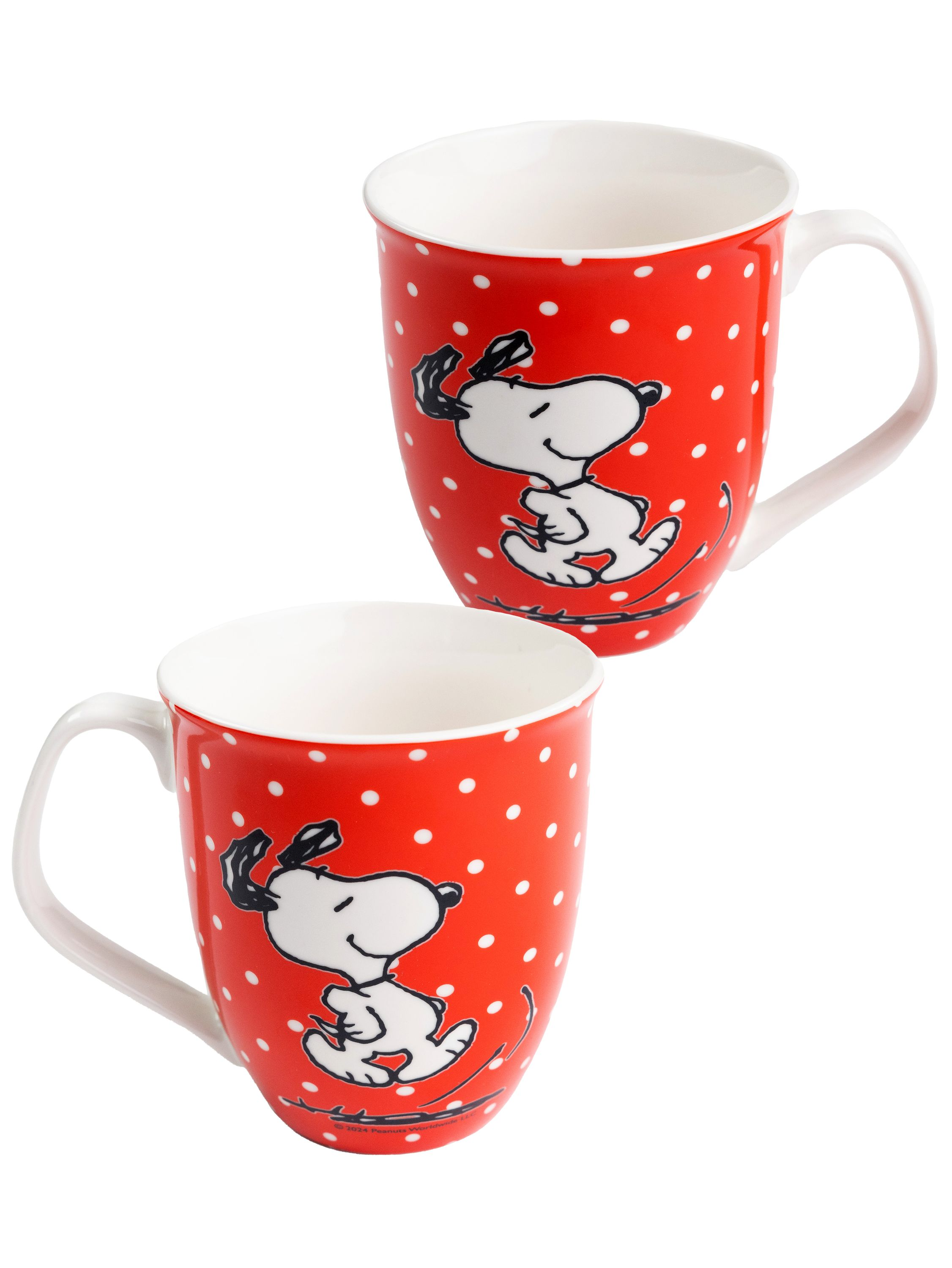 Zwei rote Tassen mit weißen Punkten und einem Snoopy-Cartoon-Design.