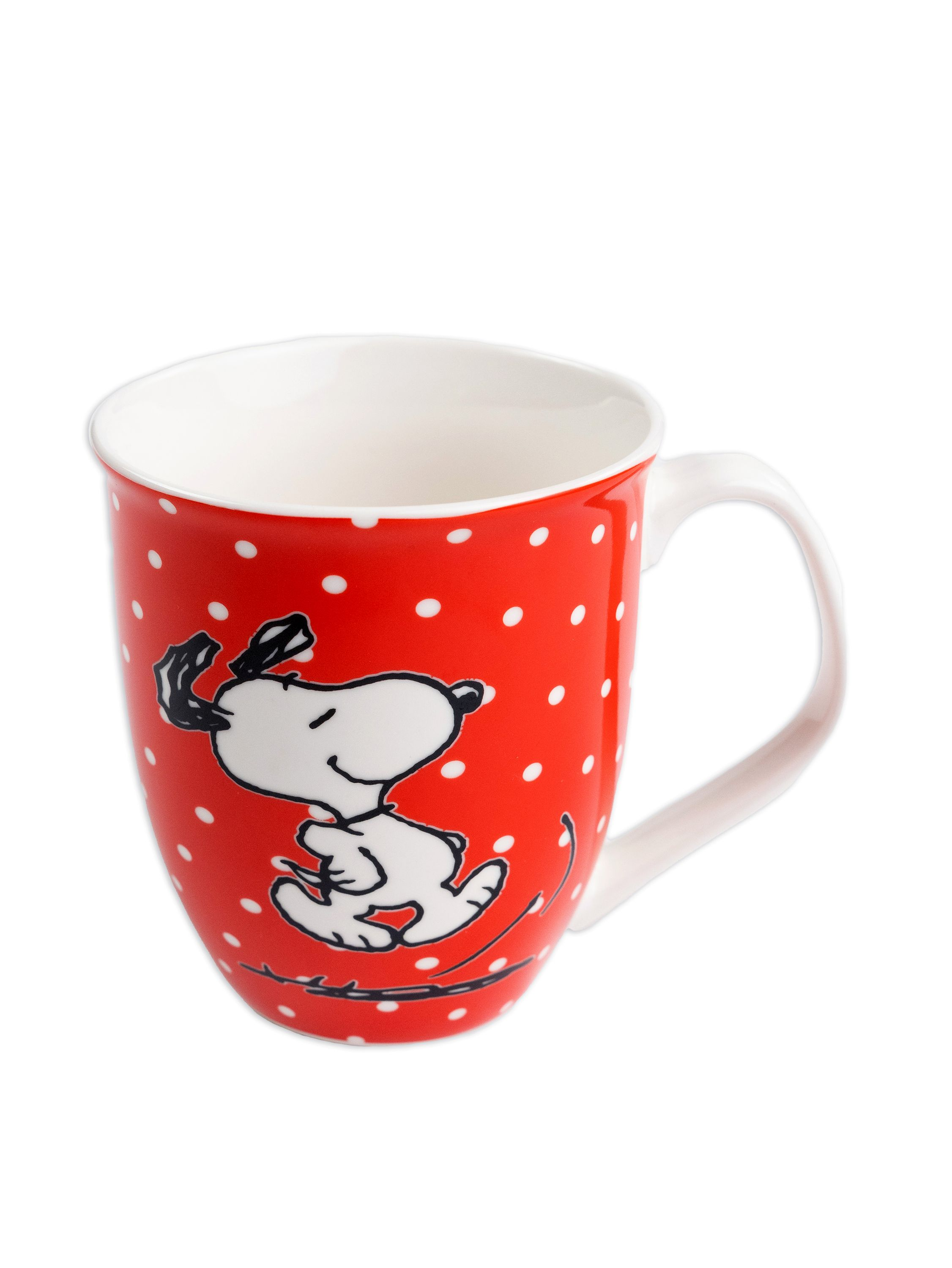 Rote Tasse mit weißen Punkten. Snoopy-Cartoonfigur. Weißer Griff.