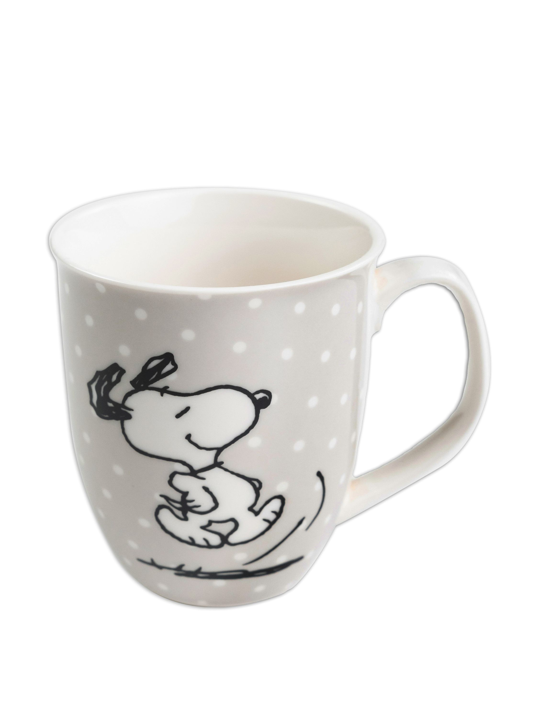 Eine weiße Keramiktasse mit Snoopy-Cartoonfigur. Die Tasse hat Punkte und einen Henkel.