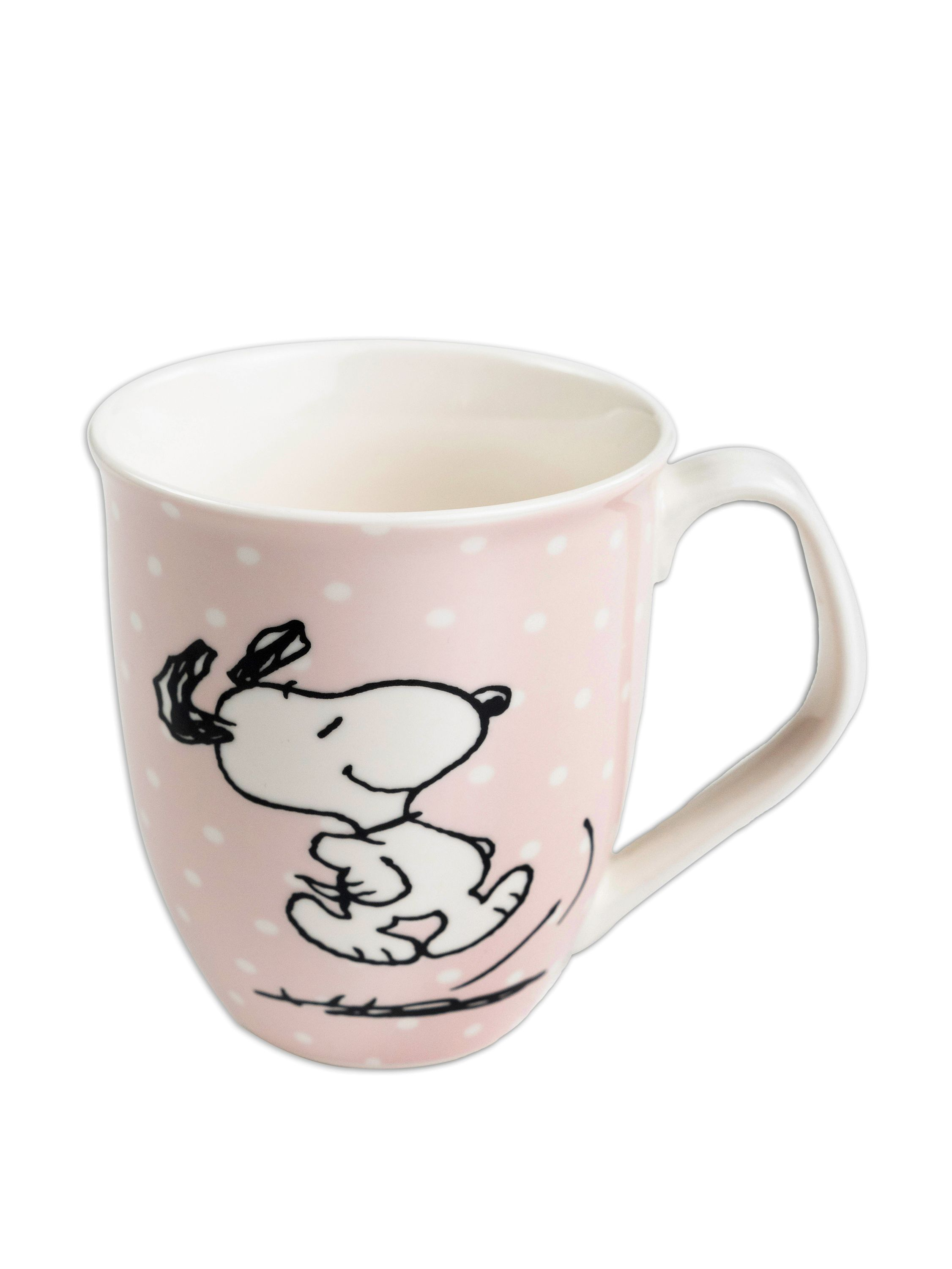 Eine rosa Tasse mit weißen Punkten und einer Zeichnung von Snoopy beim Springen.