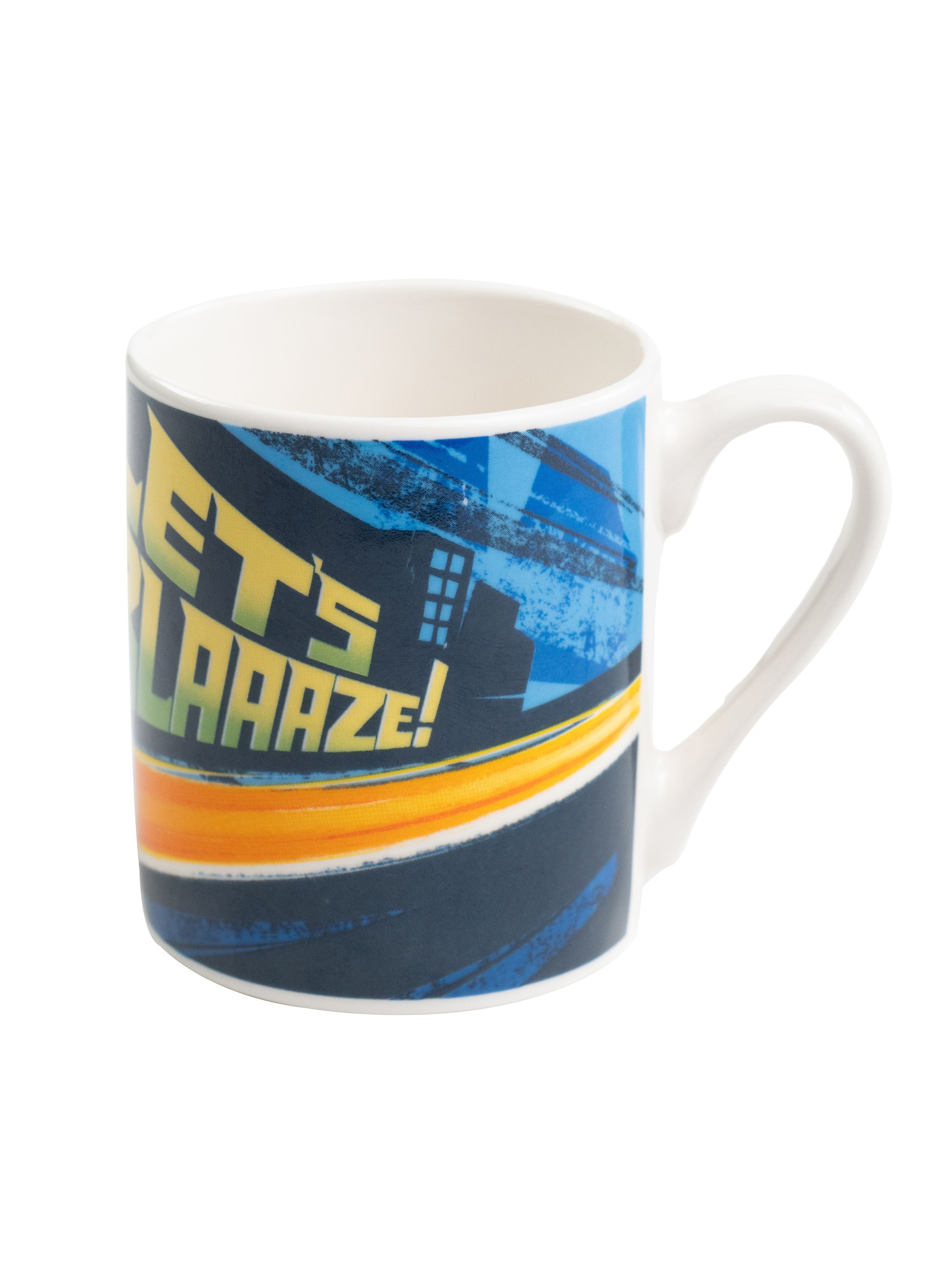 Eine weiße Tasse mit einem blau-gelben Design mit der Aufschrift „LET'S BLAZE!“ und einer Stadtsilhouette.
