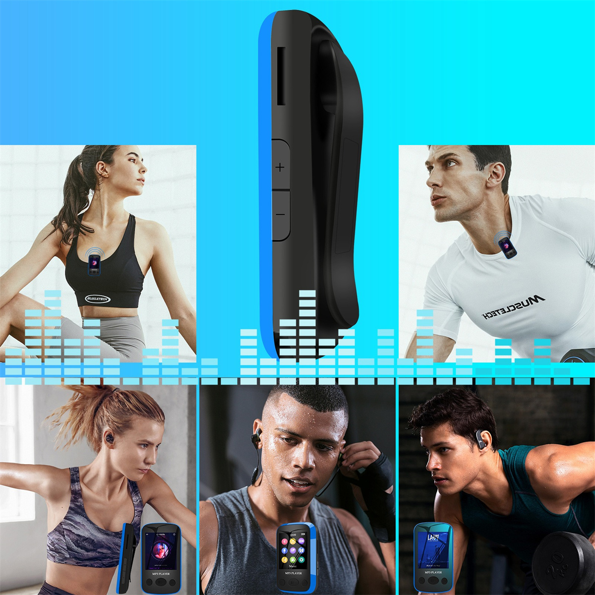 Menschen, die einen MP3-Player benutzen, einige tragen ihn, mit blauem Hintergrund.