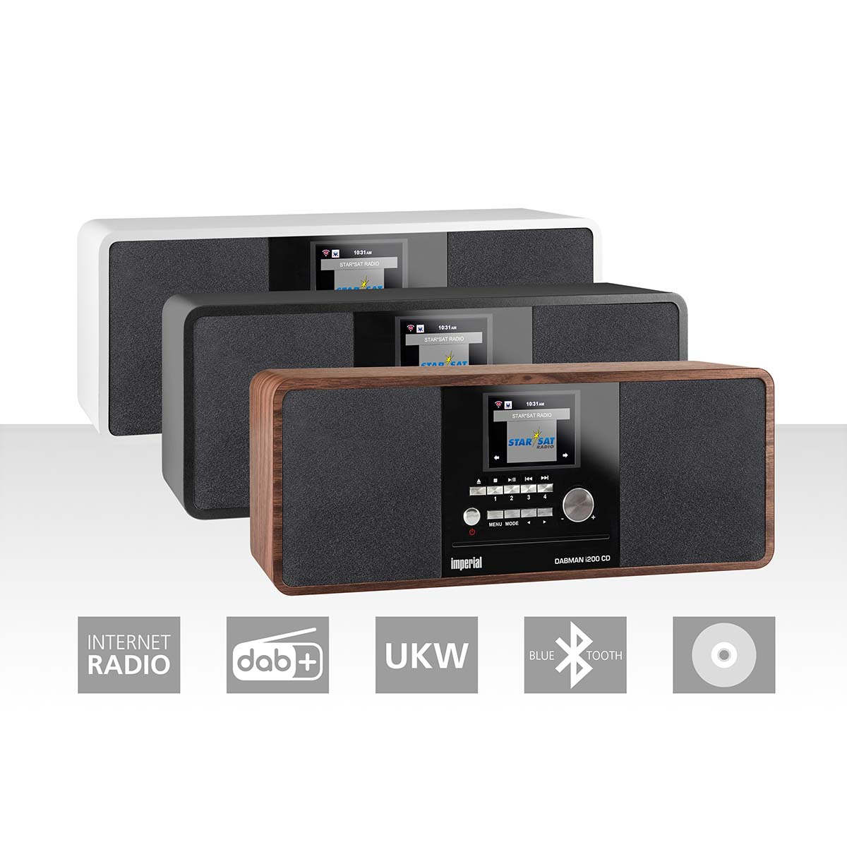 Drei Radios in verschiedenen Farben. Das Bild enthält Logos für Internetradio, DAB+, UKW, Bluetooth und CD.