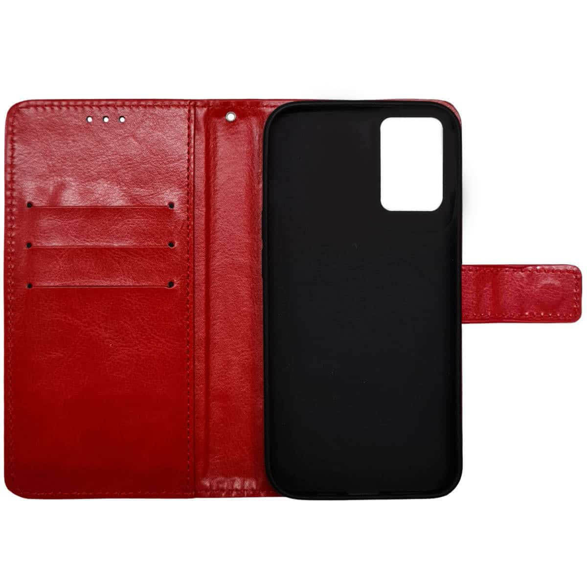 Eine offene rote Handyhülle. Die linke Seite hat Kartenfächer. Das Telefon befindet sich rechts in einem schwarzen Halter.