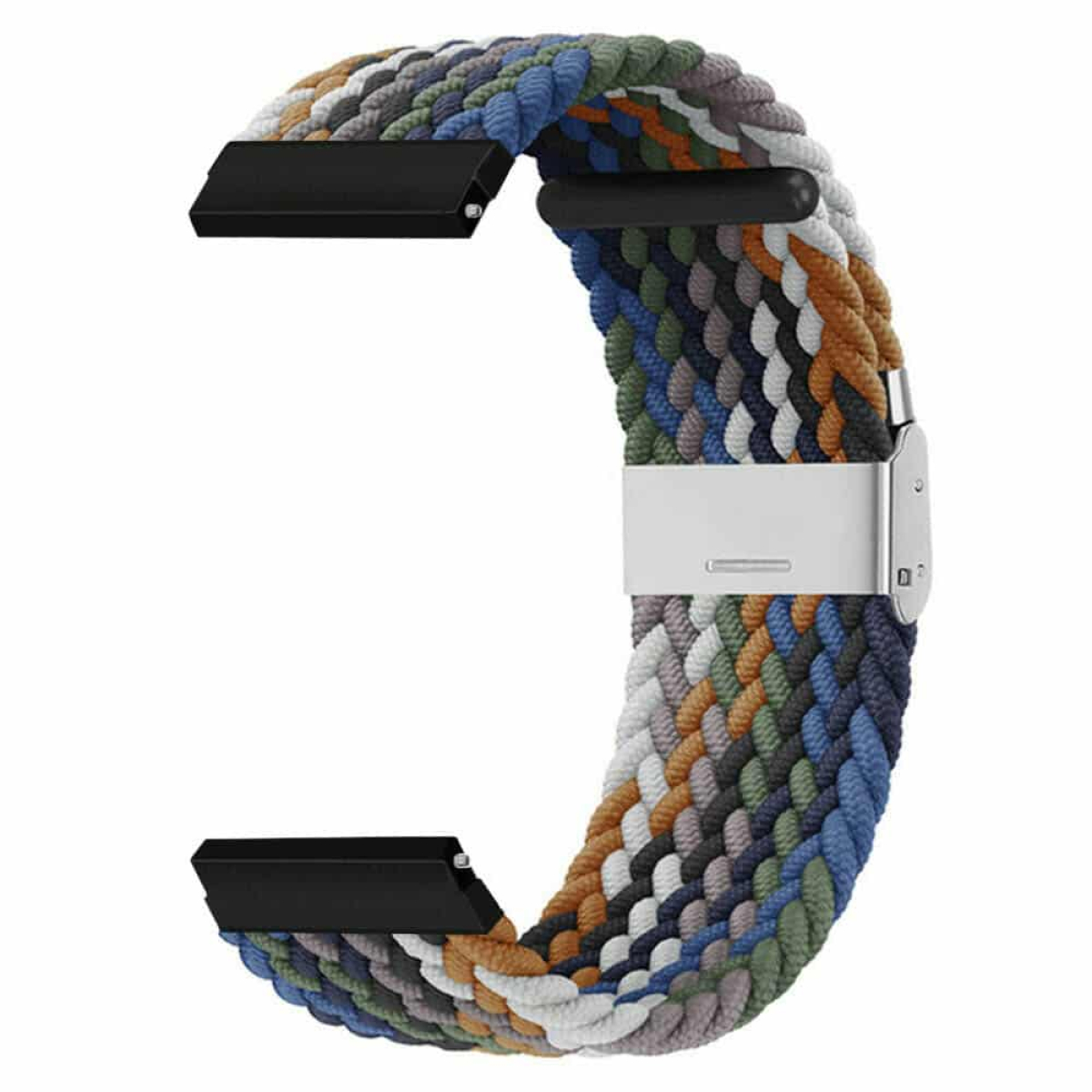 Geflochtenes Uhrenarmband in verschiedenen Farben mit Metallschnalle, vor weißem Hintergrund.