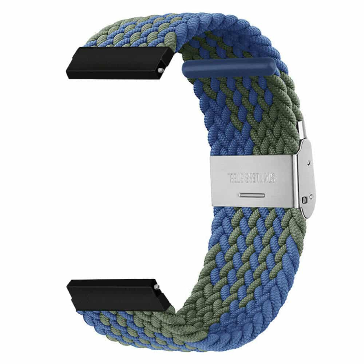 Ein Uhrenarmband. Es ist blau und grün, mit einem silbernen Verschluss und schwarzen Anschlüssen.