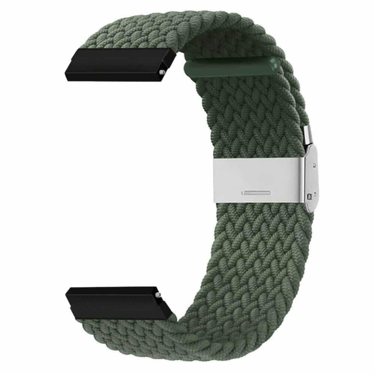 Ein grünes geflochtenes Uhrenarmband mit schwarzen Anschlüssen und silberner Schließe.