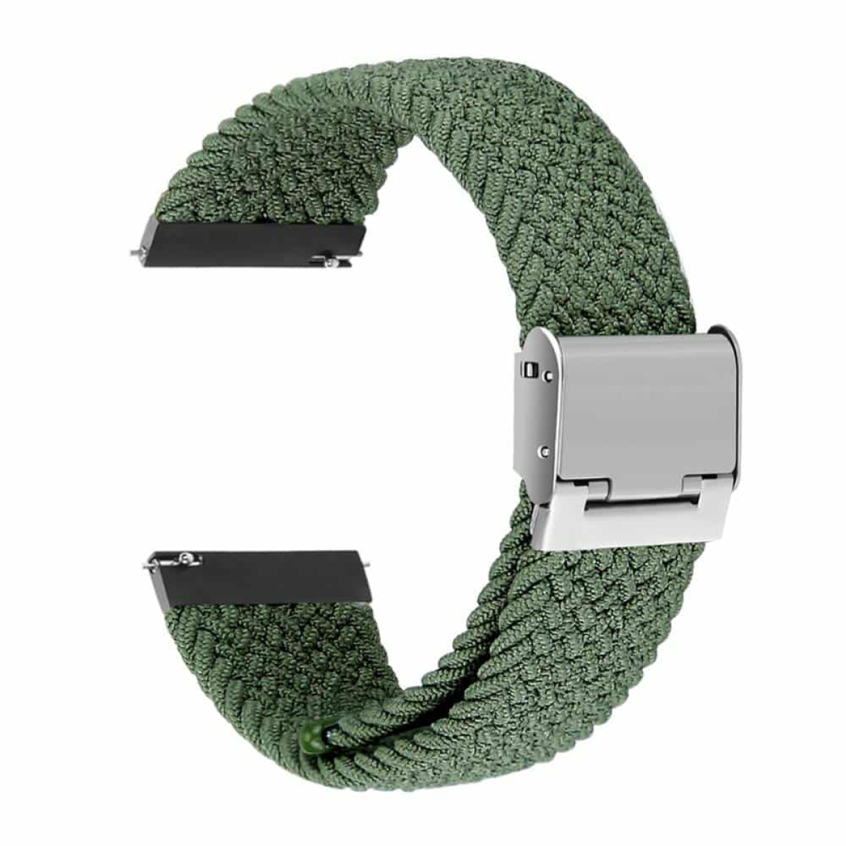 Grünes, gewebtes Uhrenarmband mit silberner Schließe, isoliert auf weißem Hintergrund.