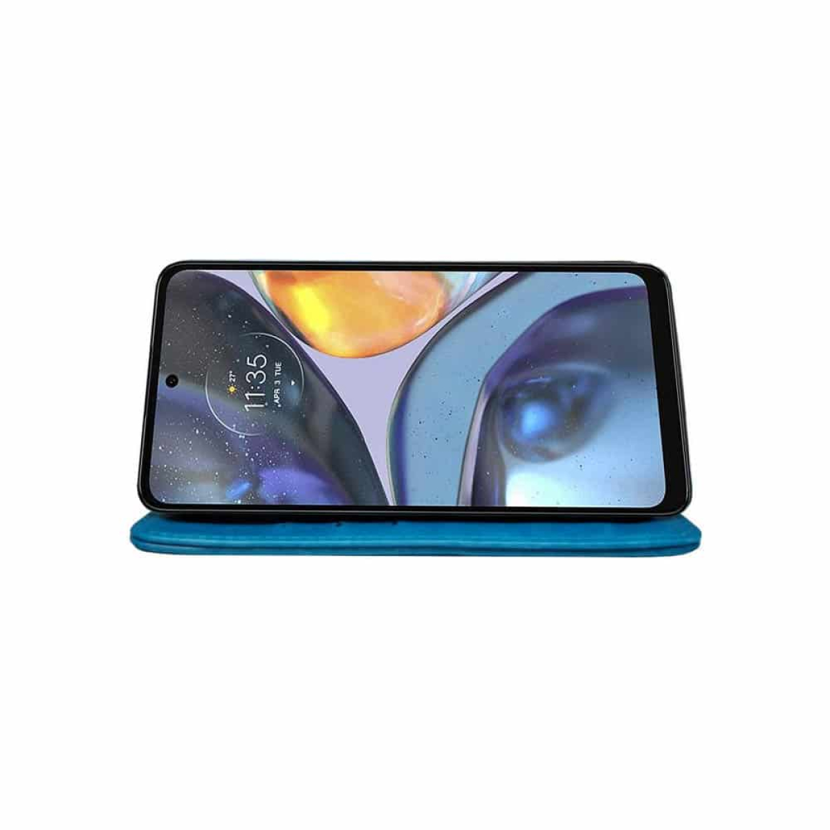 Ein Telefon auf einem blauen Gehäuse. Das Telefon zeigt einen Bildschirm mit einer App.