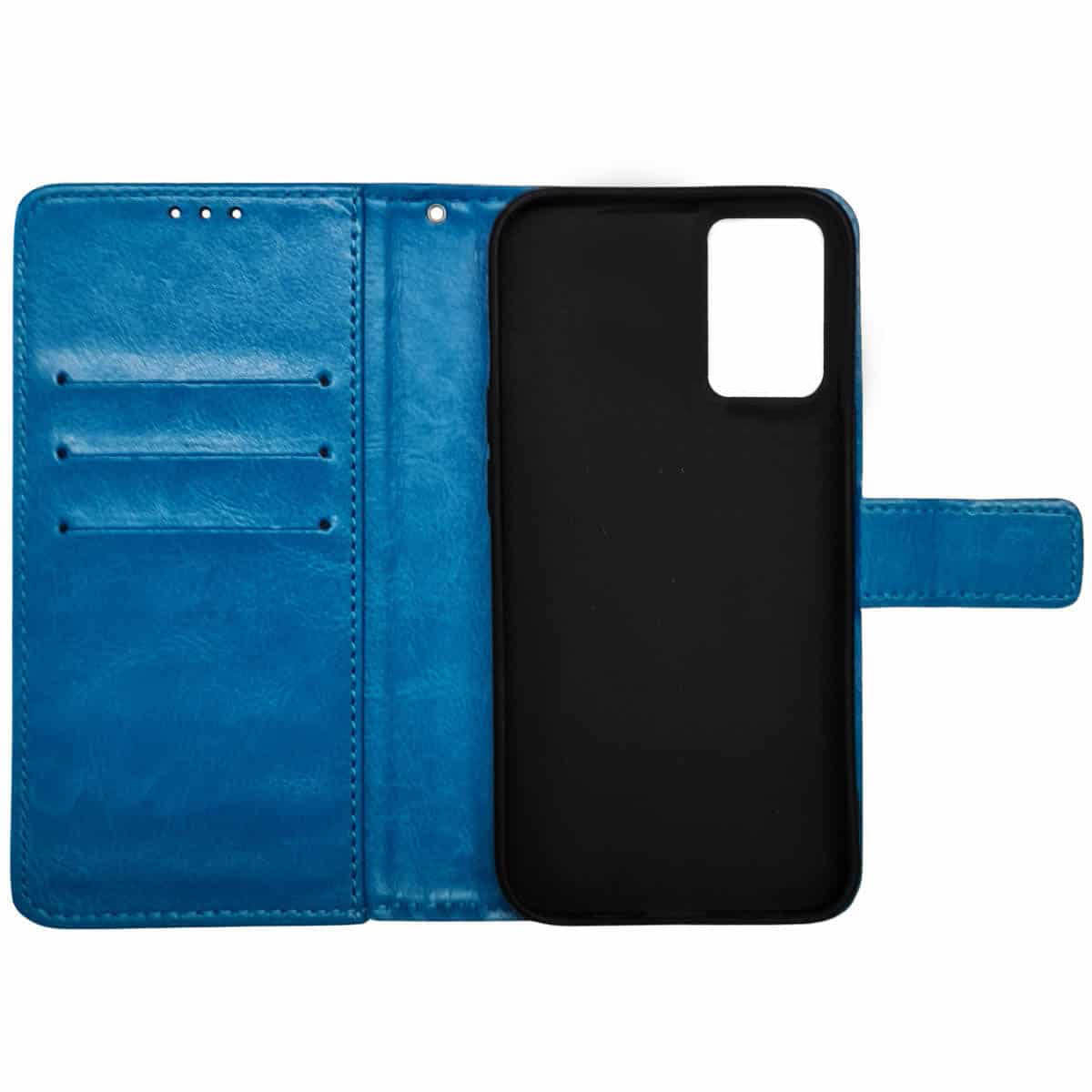 Eine blaue Handyhülle offen. Sie hat Schlitze für Karten und einen schwarzen Telefonhalter.