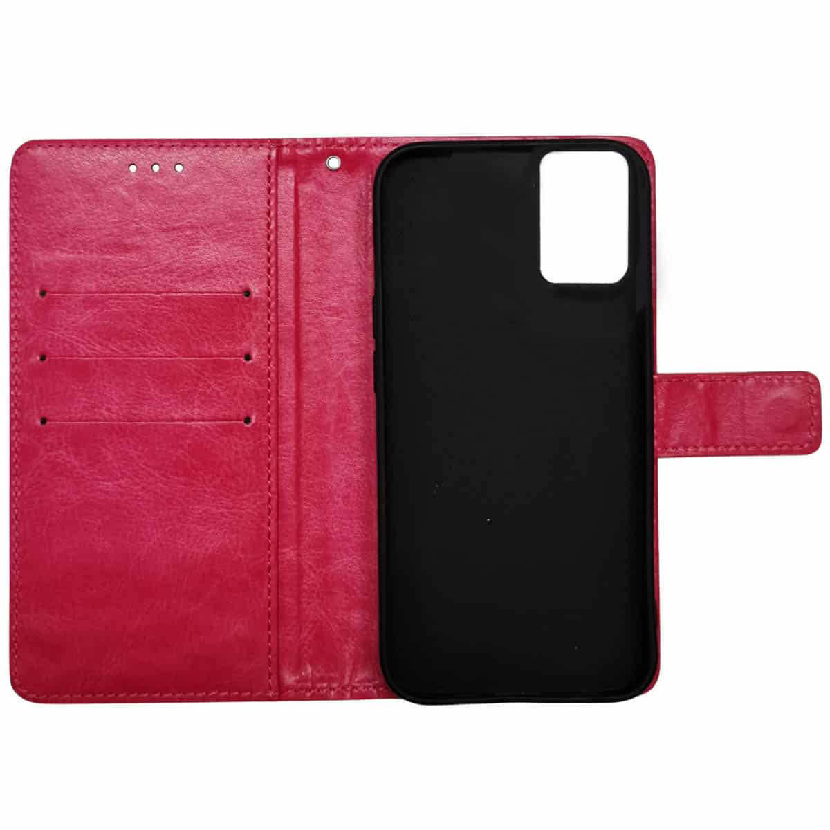 Eine offene rosa Handyhülle mit einem schwarzen Telefon darin. Die Hülle ist auf weißem Hintergrund.