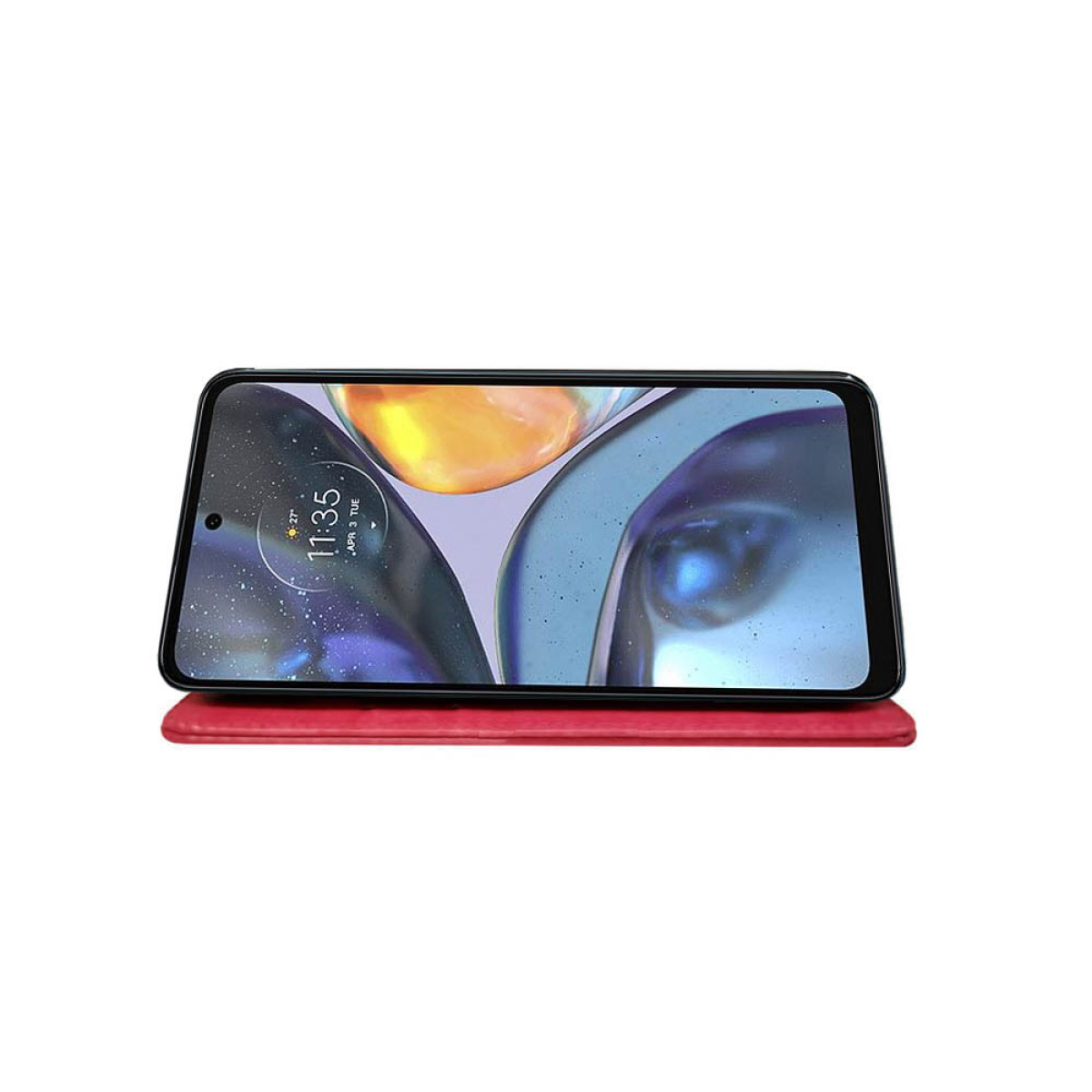 Ein Smartphone auf einer roten Hülle, das einen Startbildschirm anzeigt.