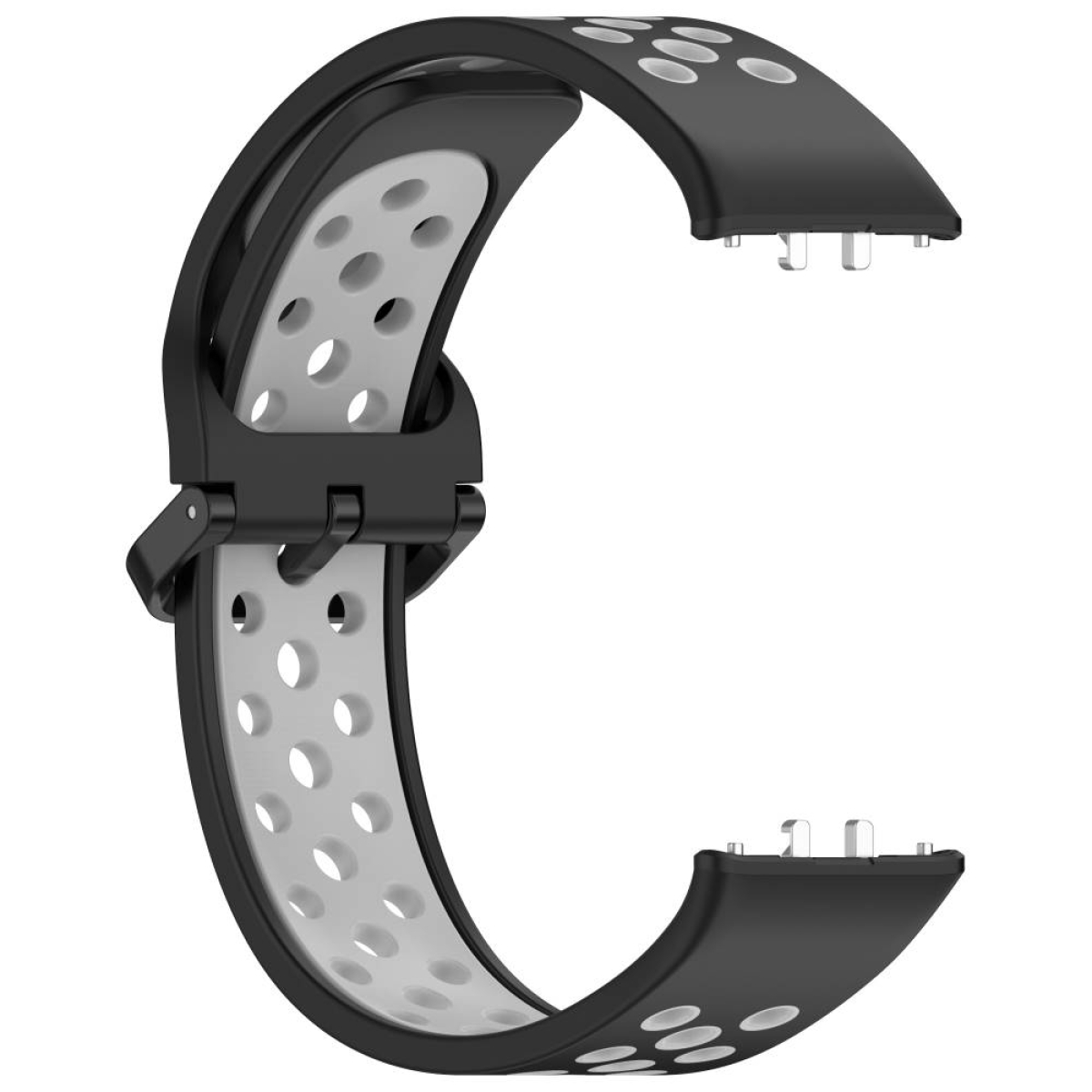 Ein schwarz-weißes Uhrenarmband mit Verschluss, offen und einsatzbereit.