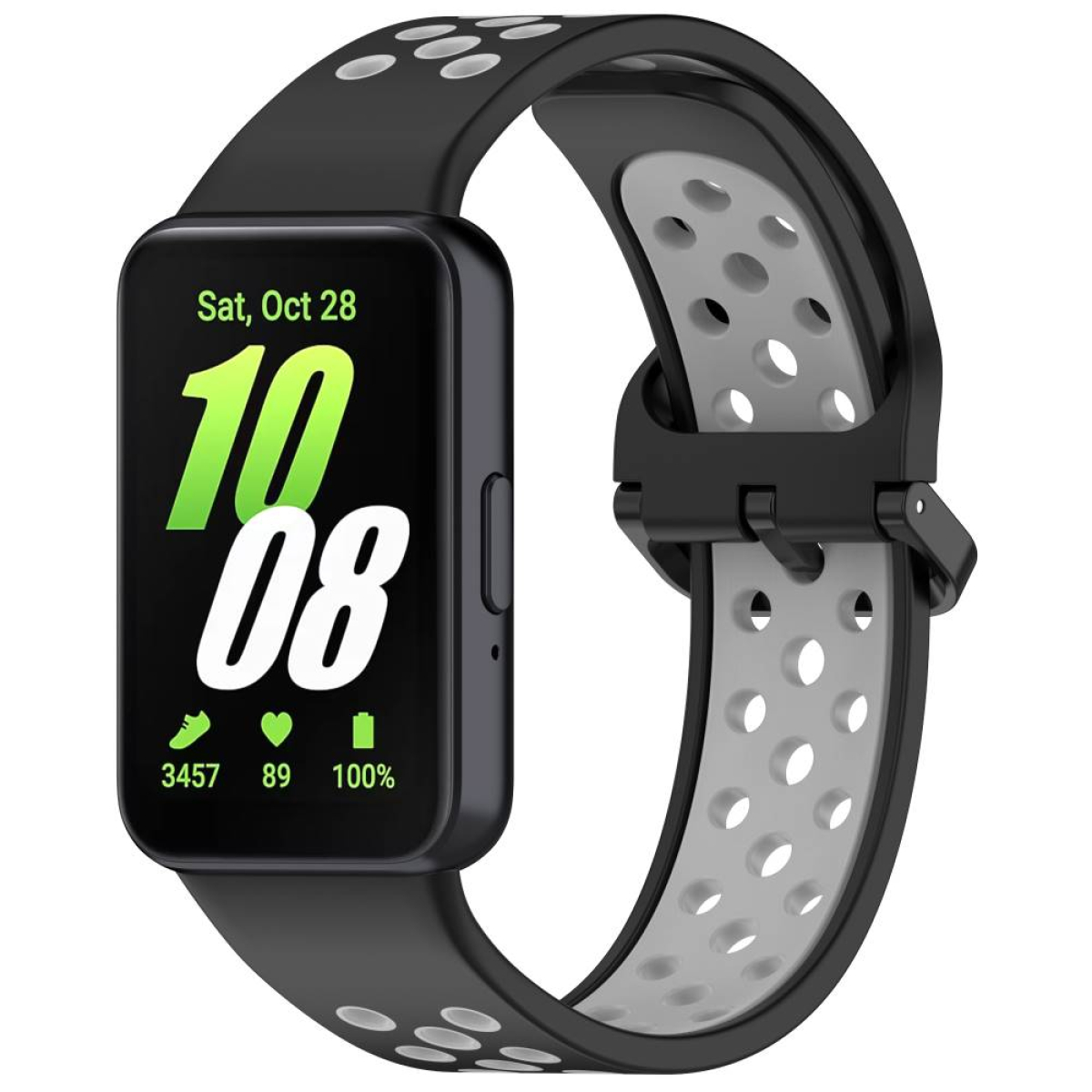 Schwarze Smartwatch mit Datum und Uhrzeit auf dem Bildschirm. Schwarzes und graues Armband. Weißer Hintergrund.