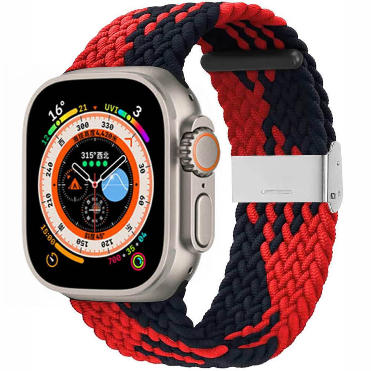 Apple Watch mit rot-schwarzem geflochtenem Armband.