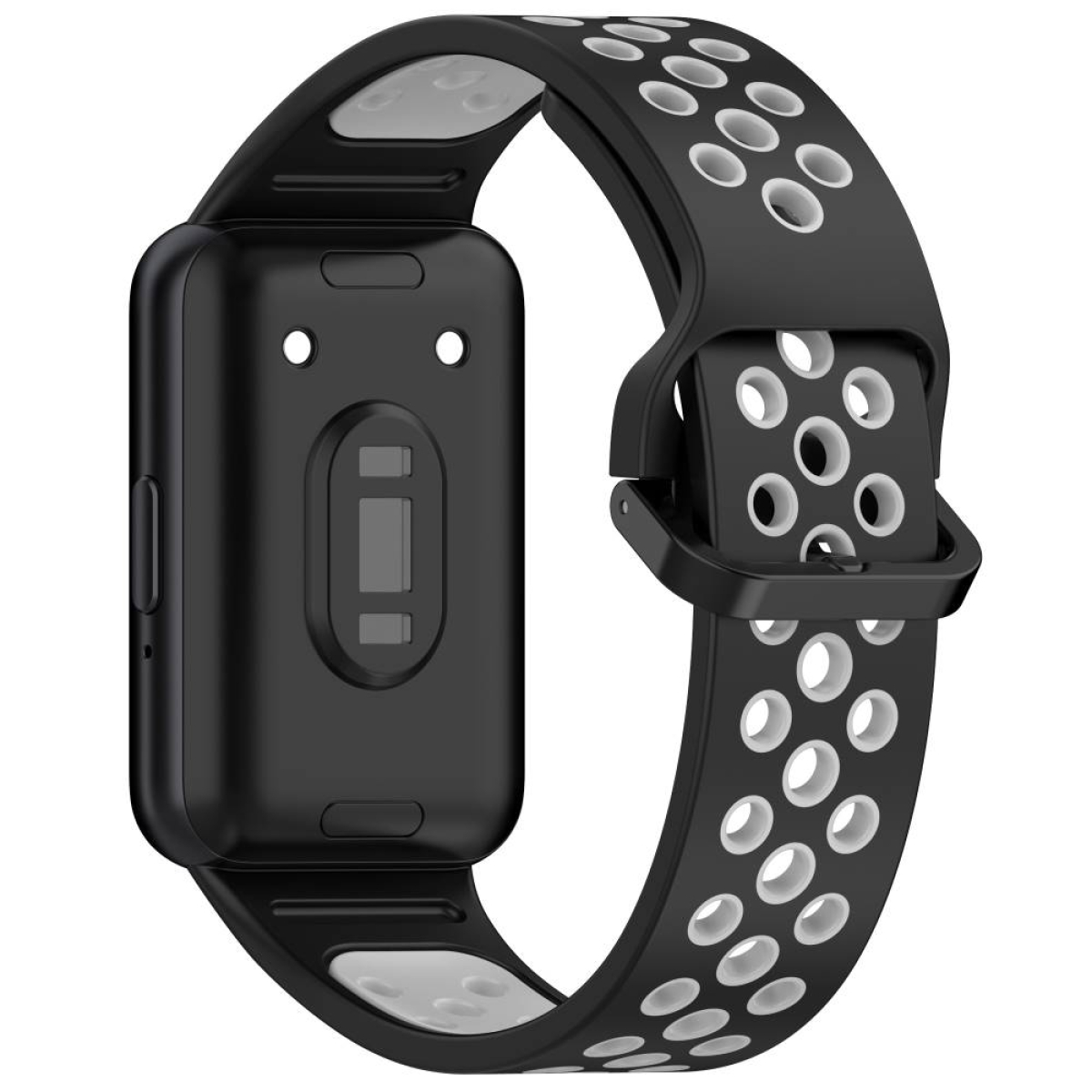 Ein schwarz-weißes Smartwatch-Armband, mit schwarzer Schnalle und weißen Perforationen.