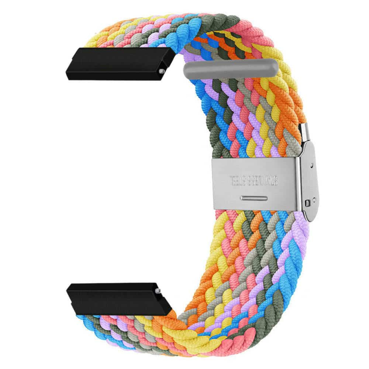 Geflochtenes Uhrenarmband in verschiedenen Farben: Gelb, Orange, Rosa, Blau, Grün, Lila und Grau.