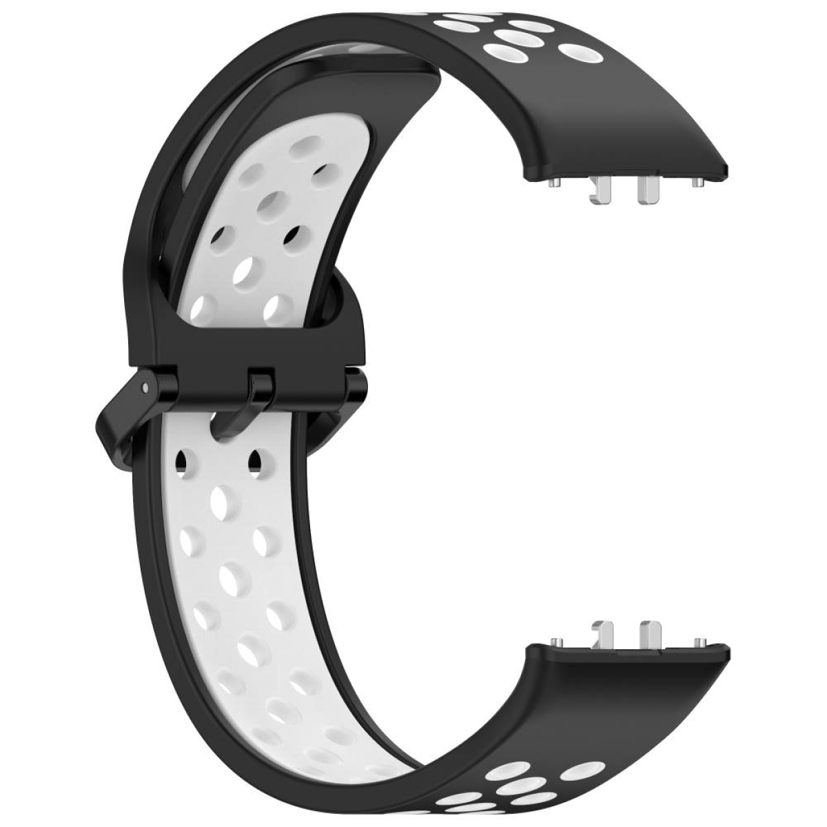 Gezeigt wird ein schwarz-weißes Uhrenarmband mit Schnalle und Perforationen.