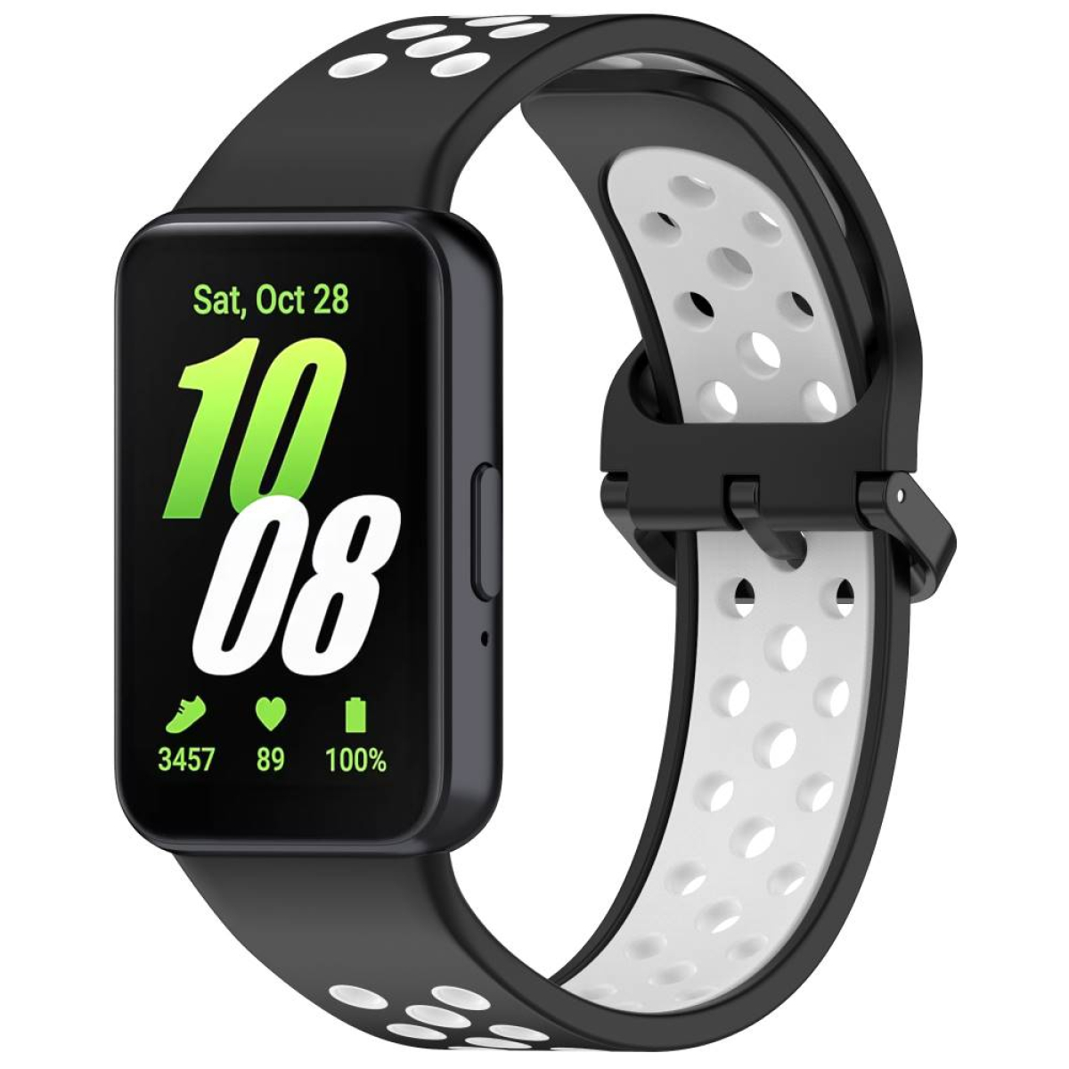 Schwarz-weiße Smartwatch. Zeigt Datum, Uhrzeit, Schritte und Akkuprozentsatz an.