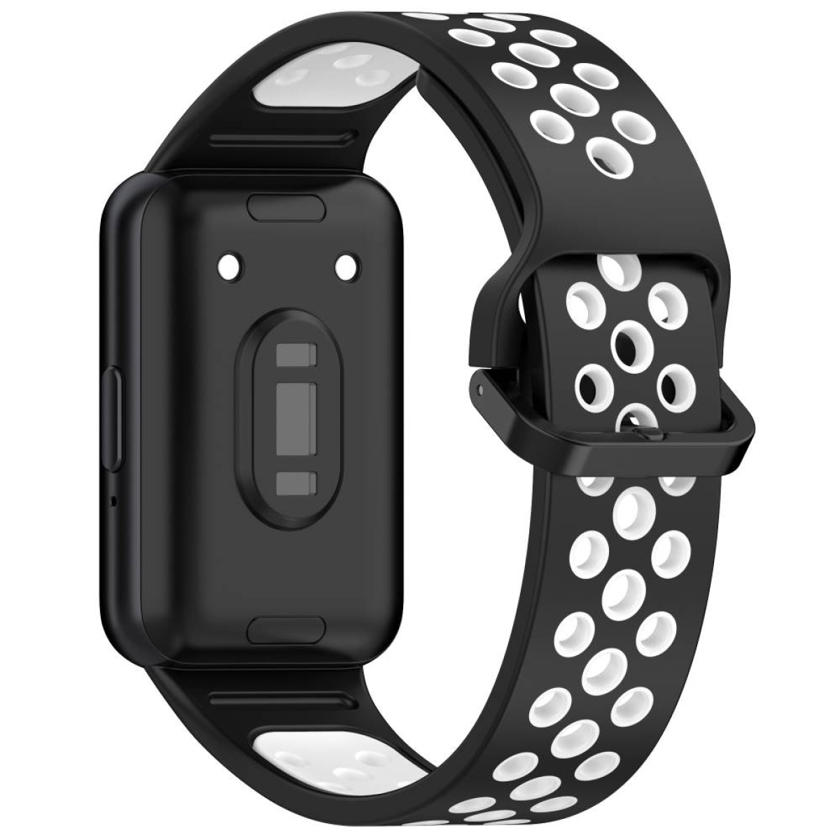 Schwarz-weiße Smartwatch mit Schnalle. Schwarzes Armband mit weißen Kreisen.