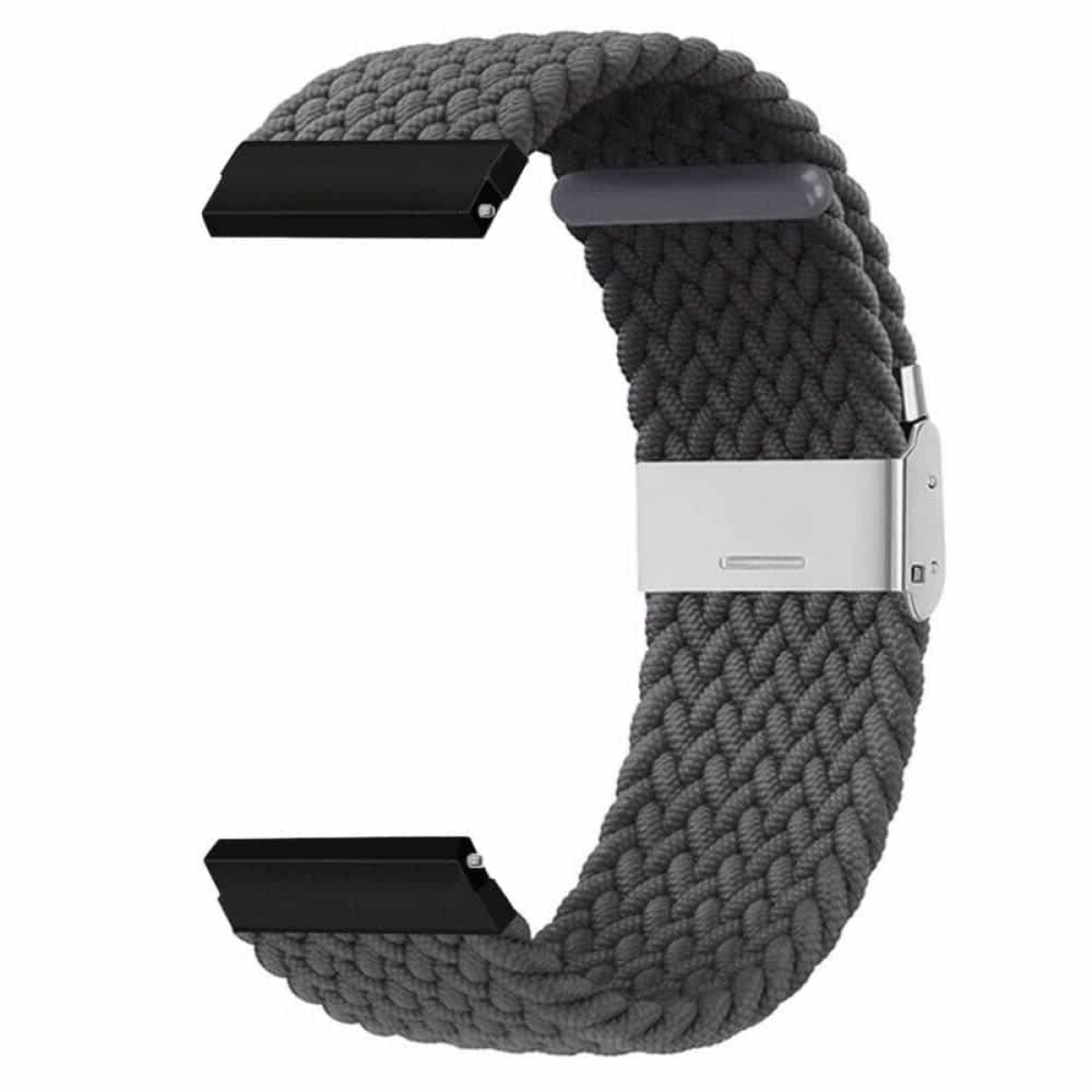 Graues gewebtes Uhrenarmband mit silberner Schnalle und schwarzen Aufsätzen.