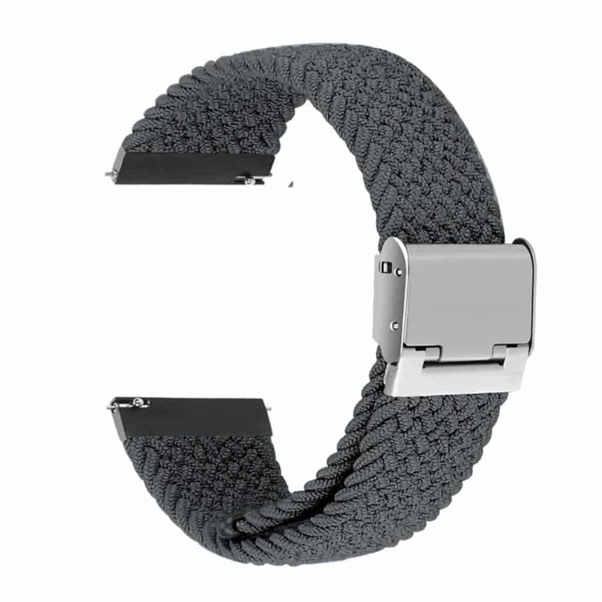 Ein graues geflochtenes Uhrenarmband mit silberner Schließe.