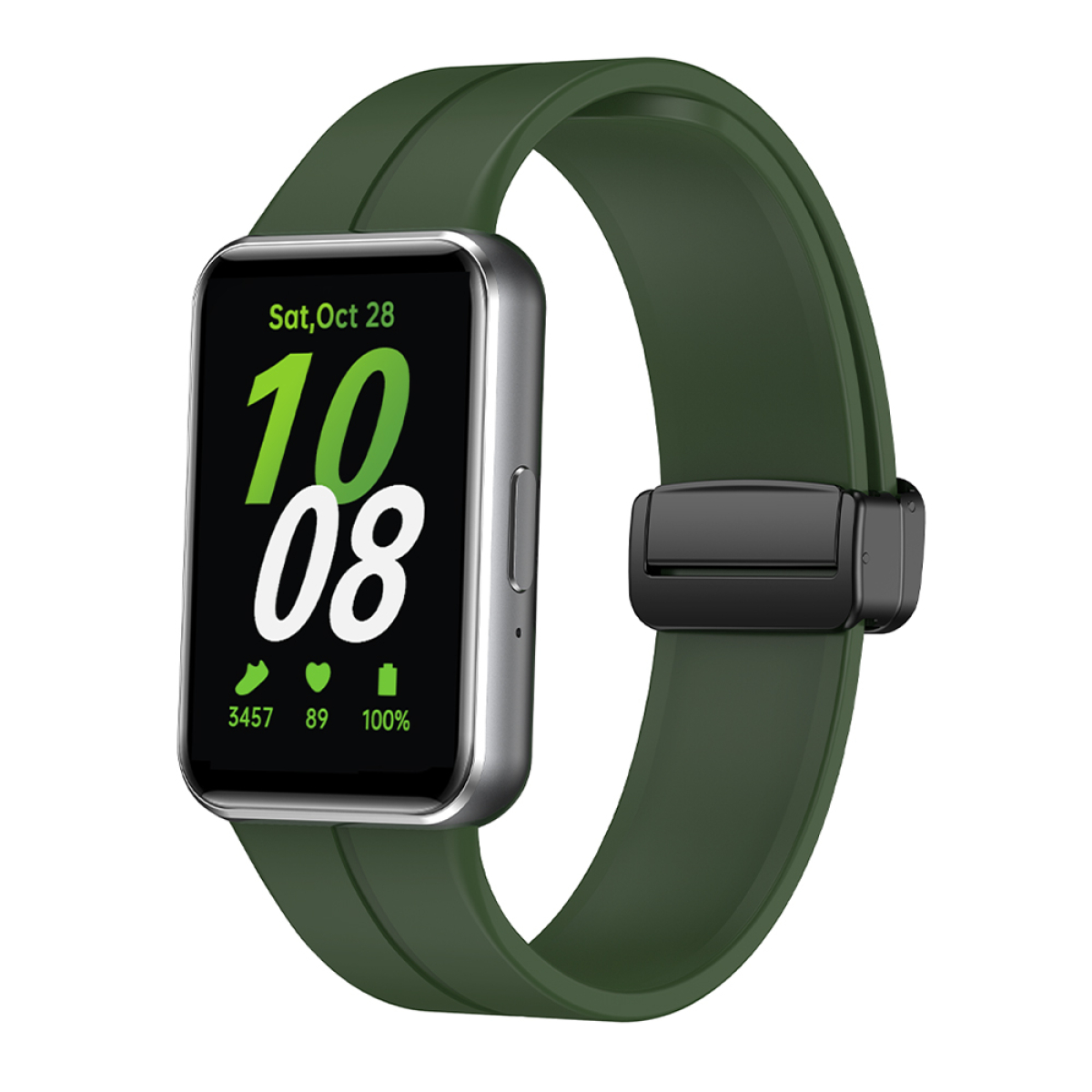 Smartwatch mit grünem Armband, zeigt Datum und Uhrzeit. Silbernes Gehäuse, schwarzer Bildschirm.