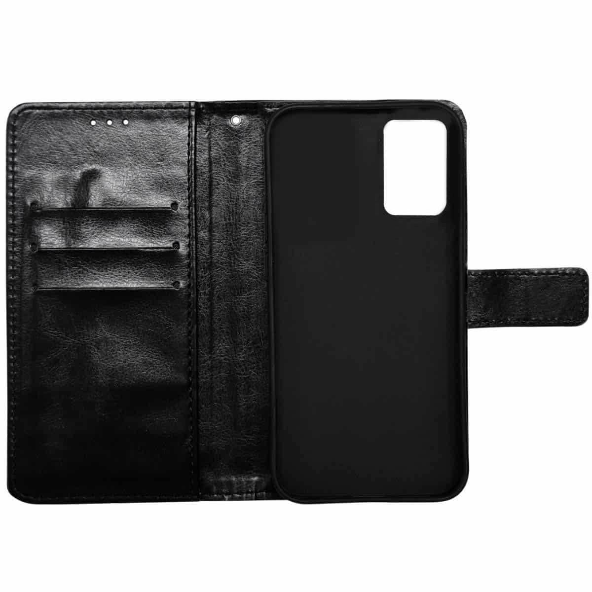 Geöffnete schwarze Handyhülle mit Kartenfächern. Eine schwarze Handyhülle befindet sich auf der rechten Seite.