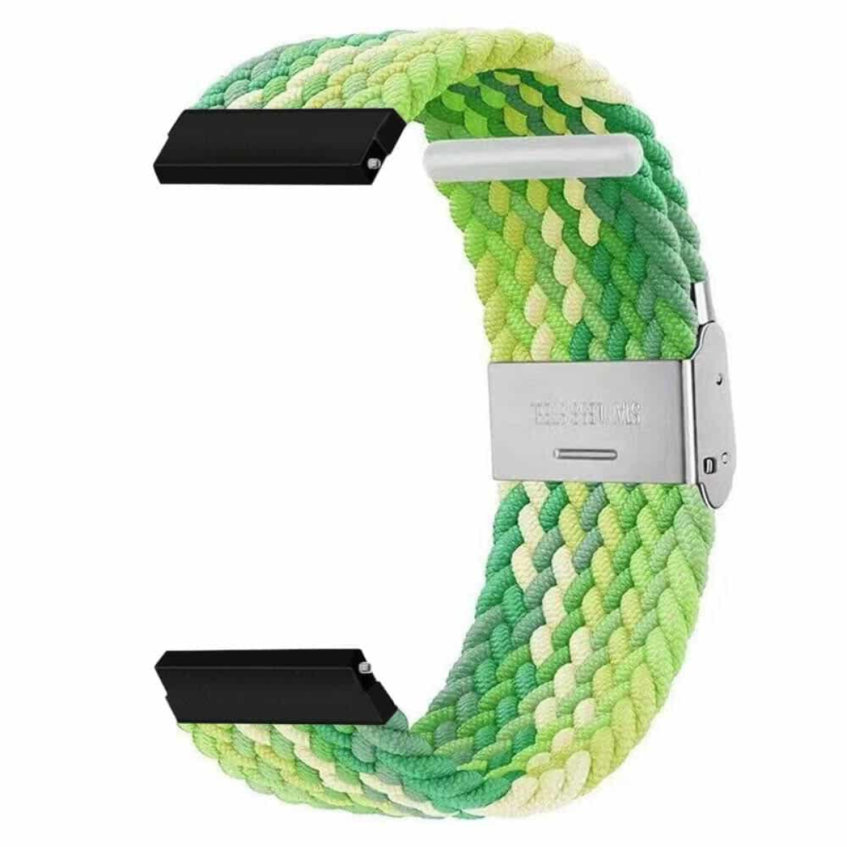 Ein grünes Uhrenarmband mit gewebtem Muster, Edelstahlverschluss und schwarzen Anschlüssen.