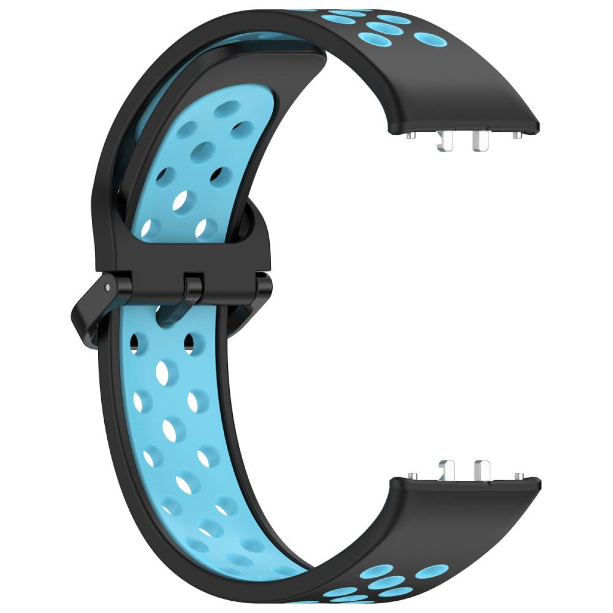 Schwarzes Uhrenarmband mit blauen Lüftungsschlitzen. Das Armband ist offen und zeigt die Innenseite und den Verschluss.