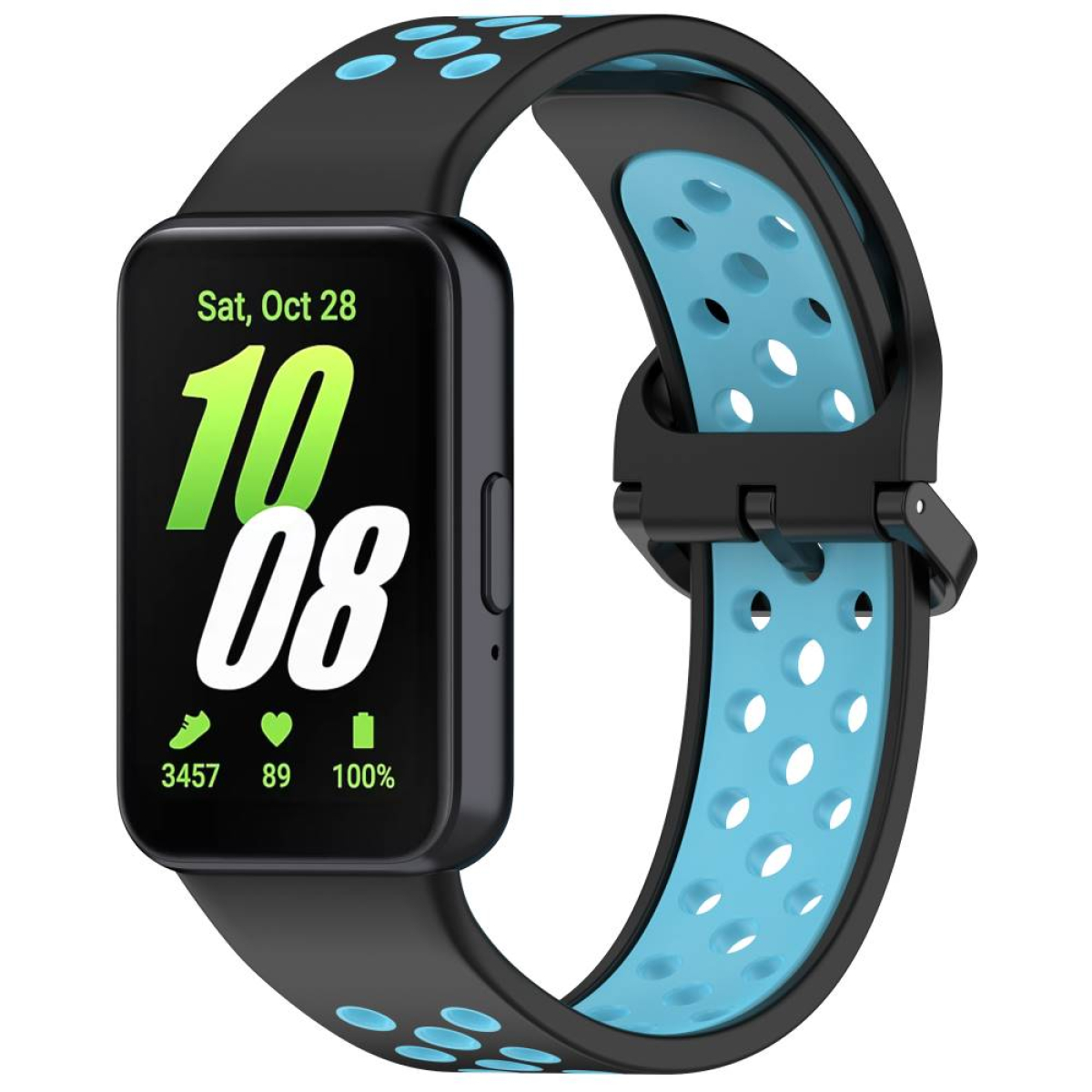 Eine schwarz-blaue Smartwatch. Der Bildschirm zeigt Datum und Uhrzeit.