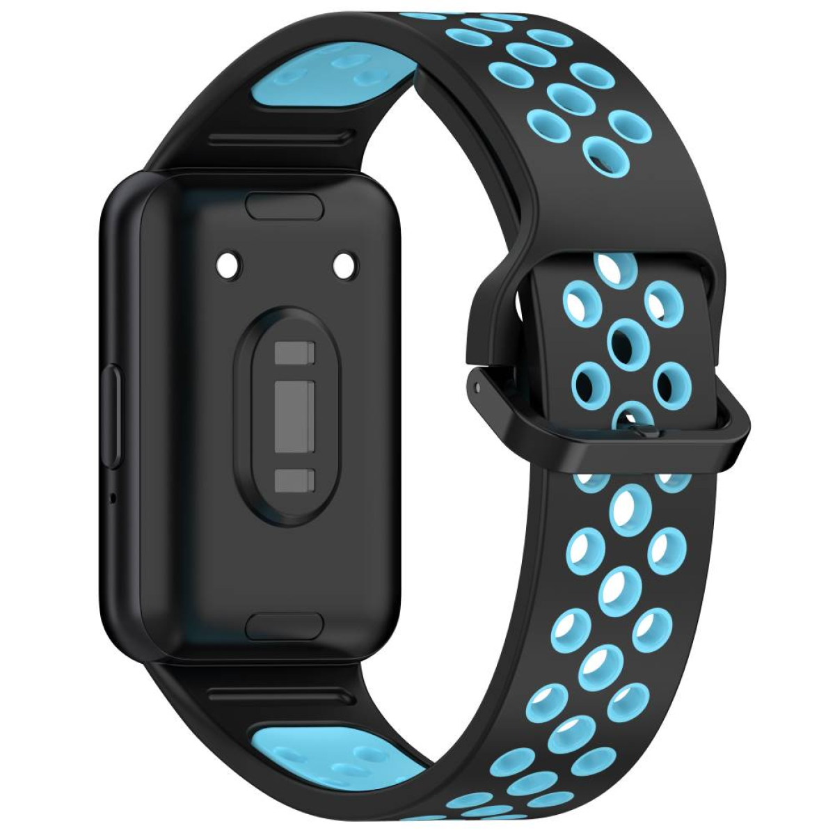 Schwarze und blaue Smartwatch mit blauem Armband. Der Hintergrund ist weiß.