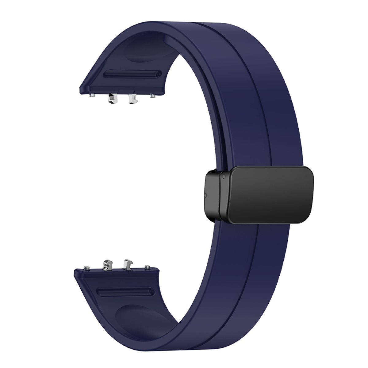 Marineblaues Uhrenarmband mit schwarzem Verschluss. Weißer Hintergrund.