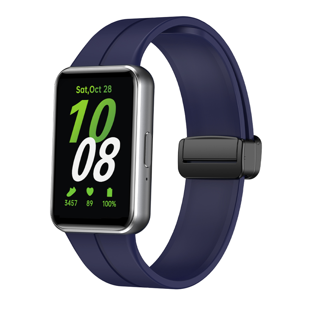 Eine Smartwatch mit dunkelblauem Armband, die Datum und Uhrzeit anzeigt.